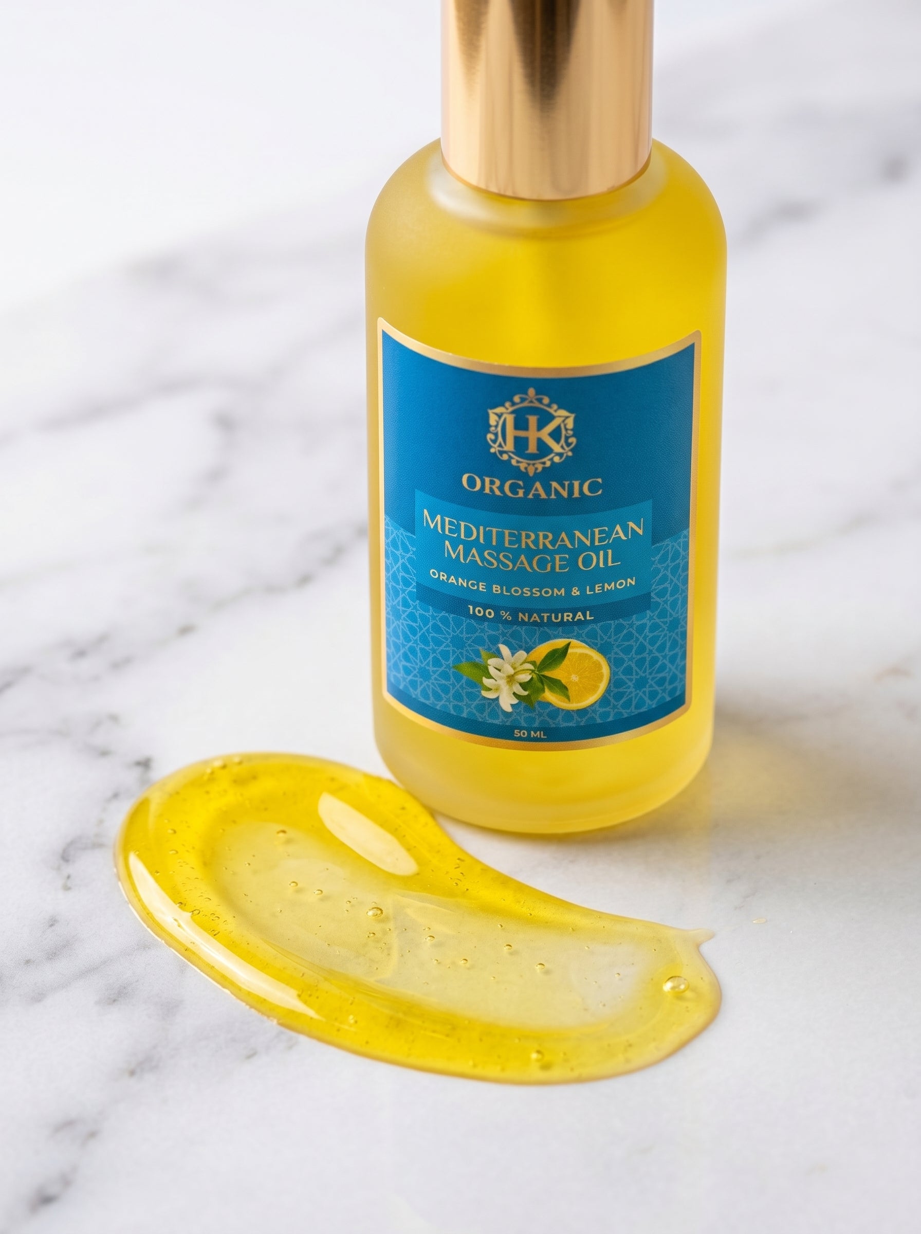 Mediterranean massage oil bottle with a droplet of oil on a marble surface
