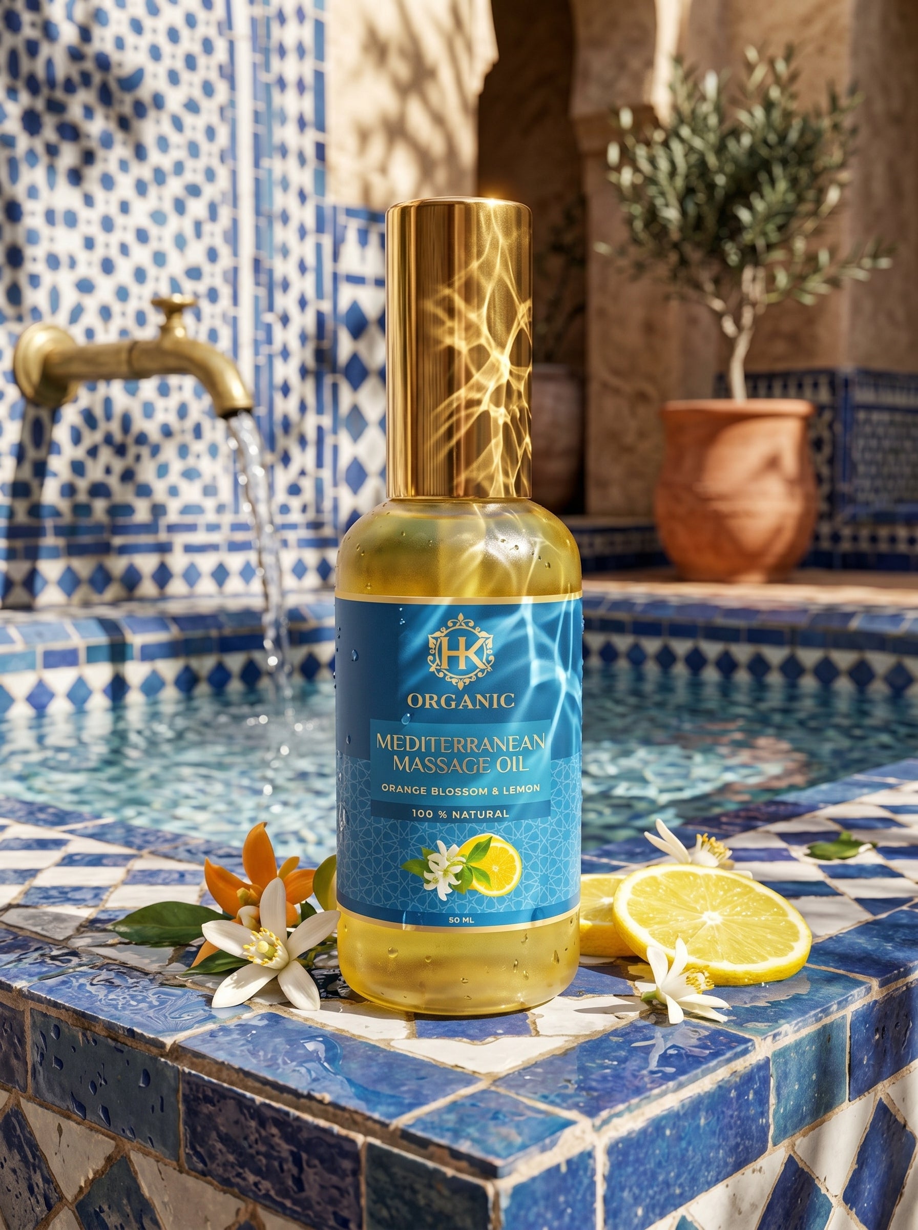Bottle of Mediterranean Massage Oil on a tiled surface with decorative elements