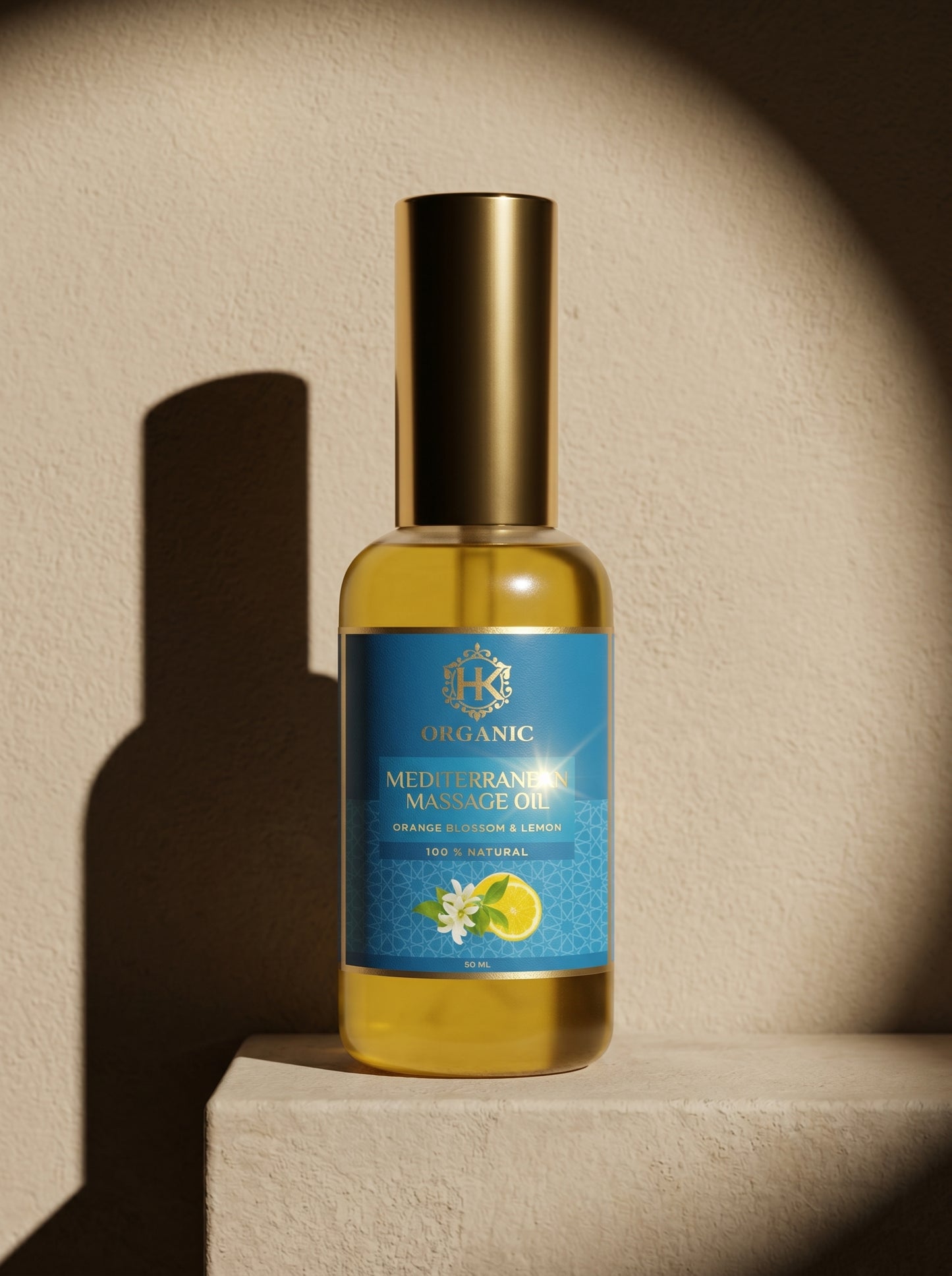 Bottle of Mediterranean Massage Oil with a gold cap on a beige background