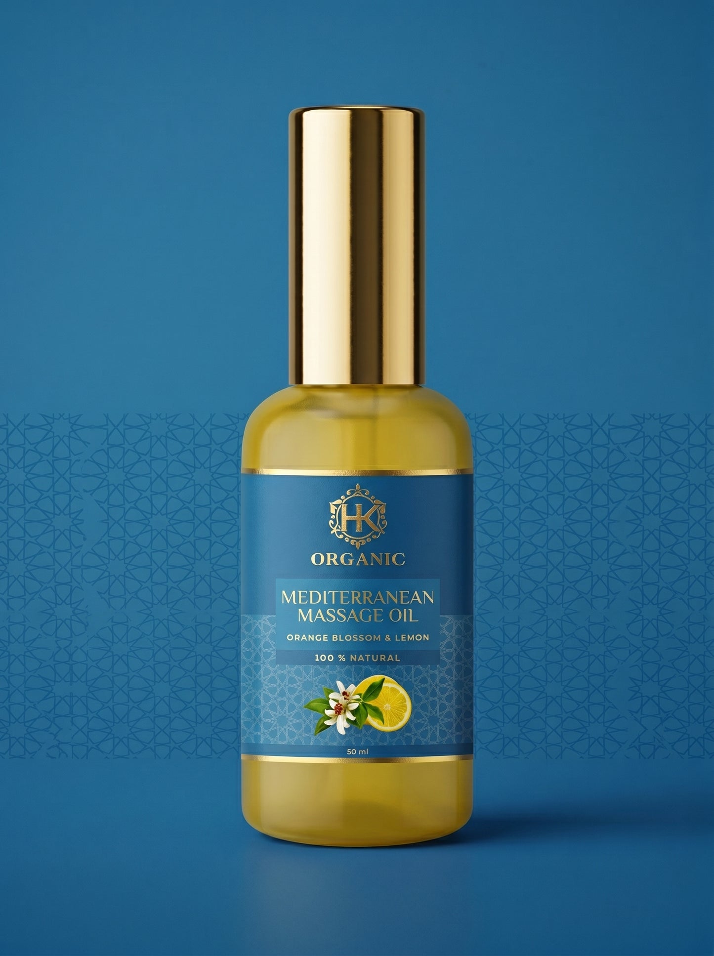 Bottle of Mediterranean Massage Oil with gold cap on a blue background
