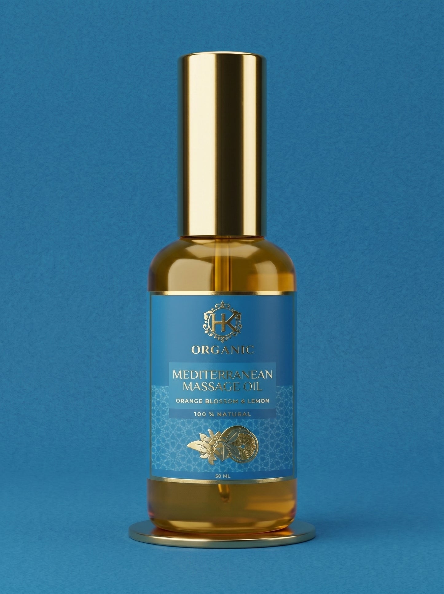 Bottle of Mediterranean Massage Oil with a gold cap on a blue background