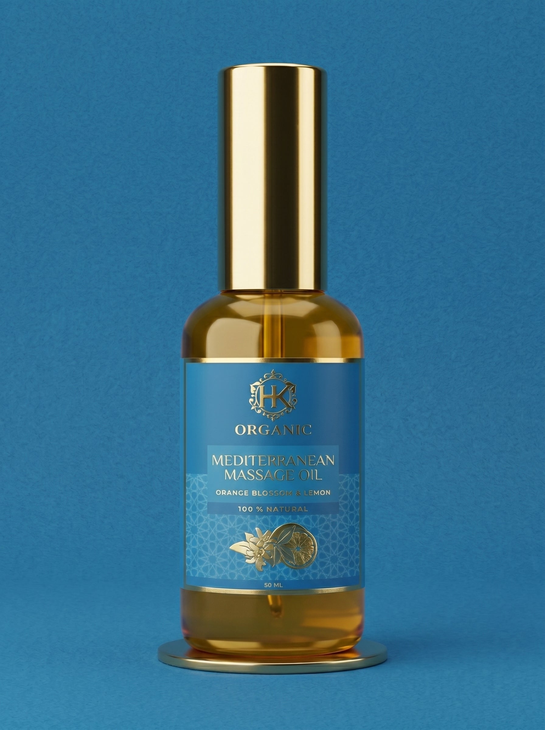 Bottle of Mediterranean Massage Oil with a gold cap on a blue background