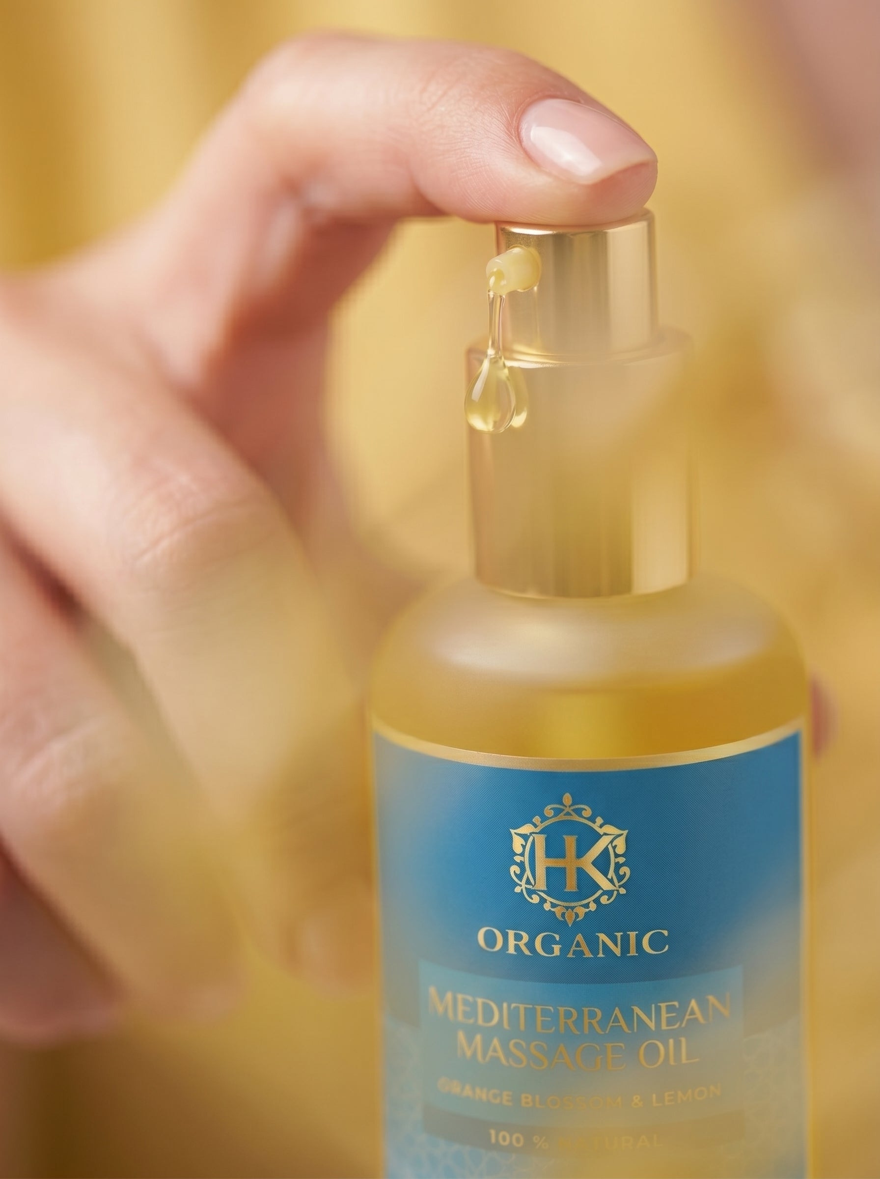 Bottle of Mediterranean Massage Oil with a blurred background