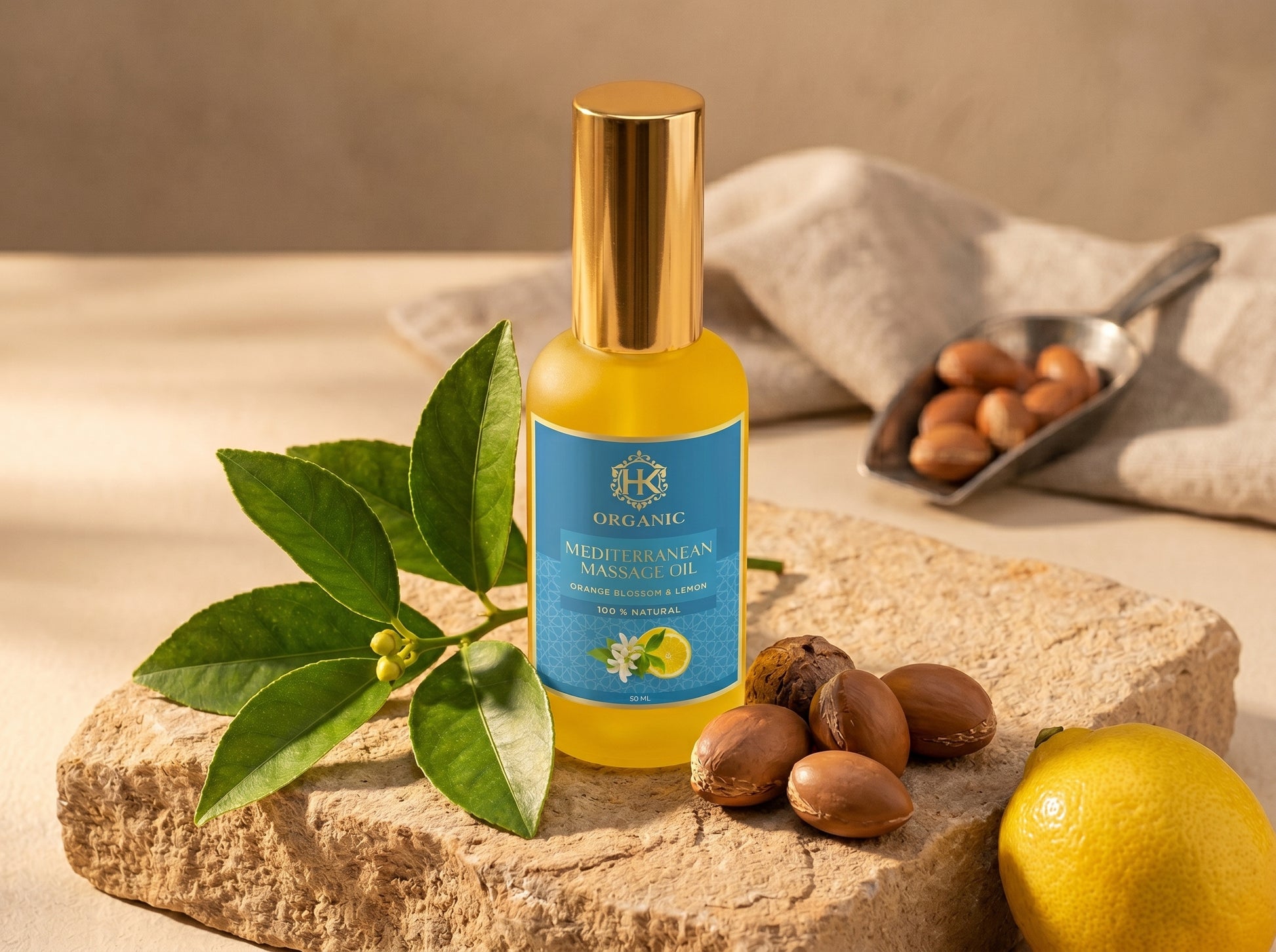 Bottle of organic Mediterranean olive oil with lemons and olives on a stone surface