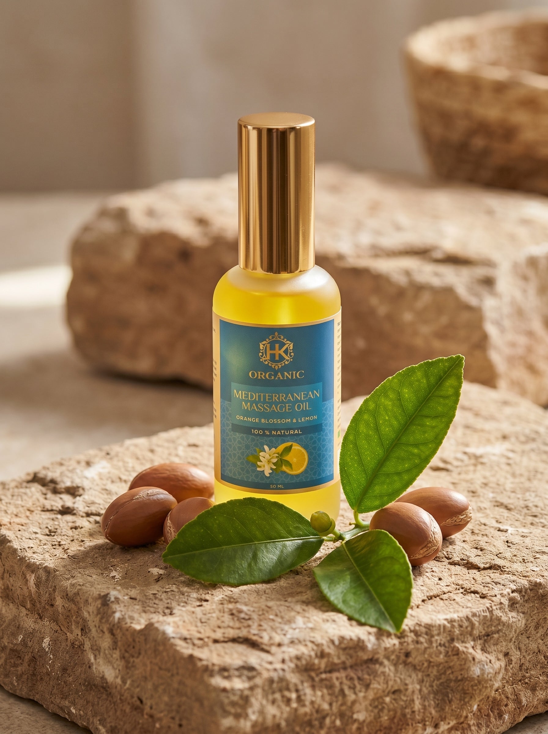 Bottle of organic Mediterranean massage oil with leaves and nuts on a stone surface