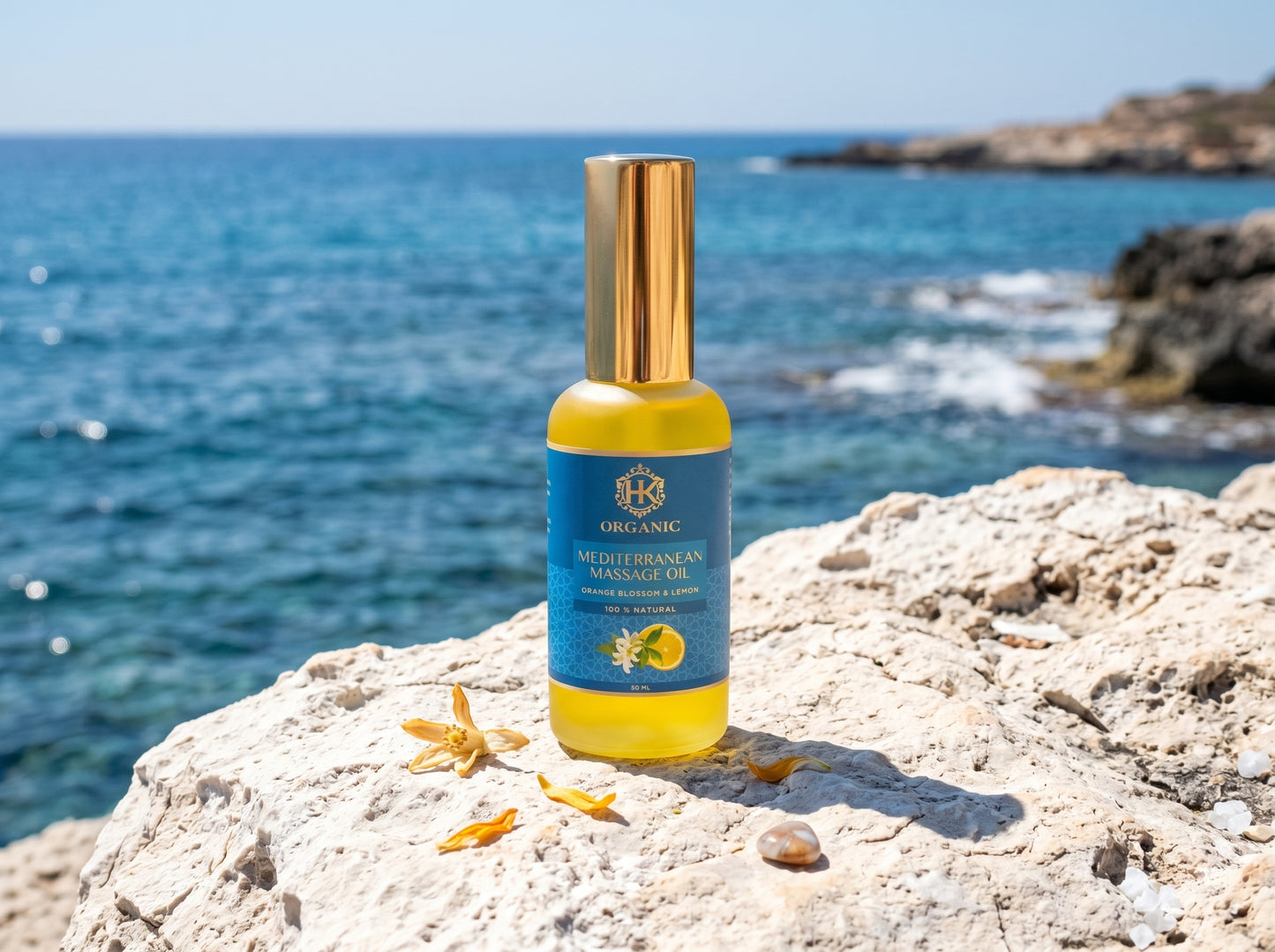 Bottle of Mediterranean Virgin Olive Oil on a rocky coastal background