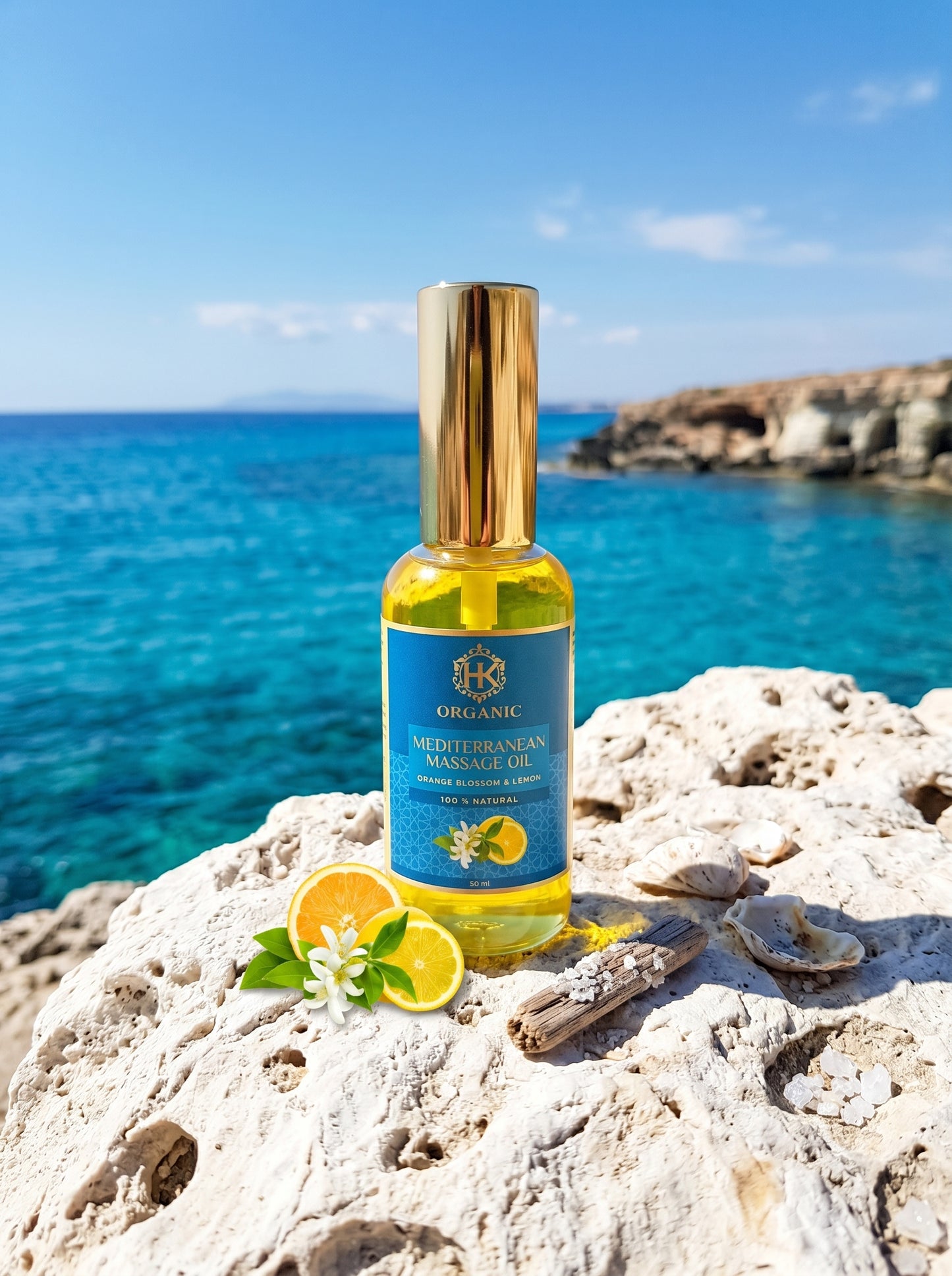 Bottle of organic massage oil with lemons and flowers on a rocky beach with ocean view