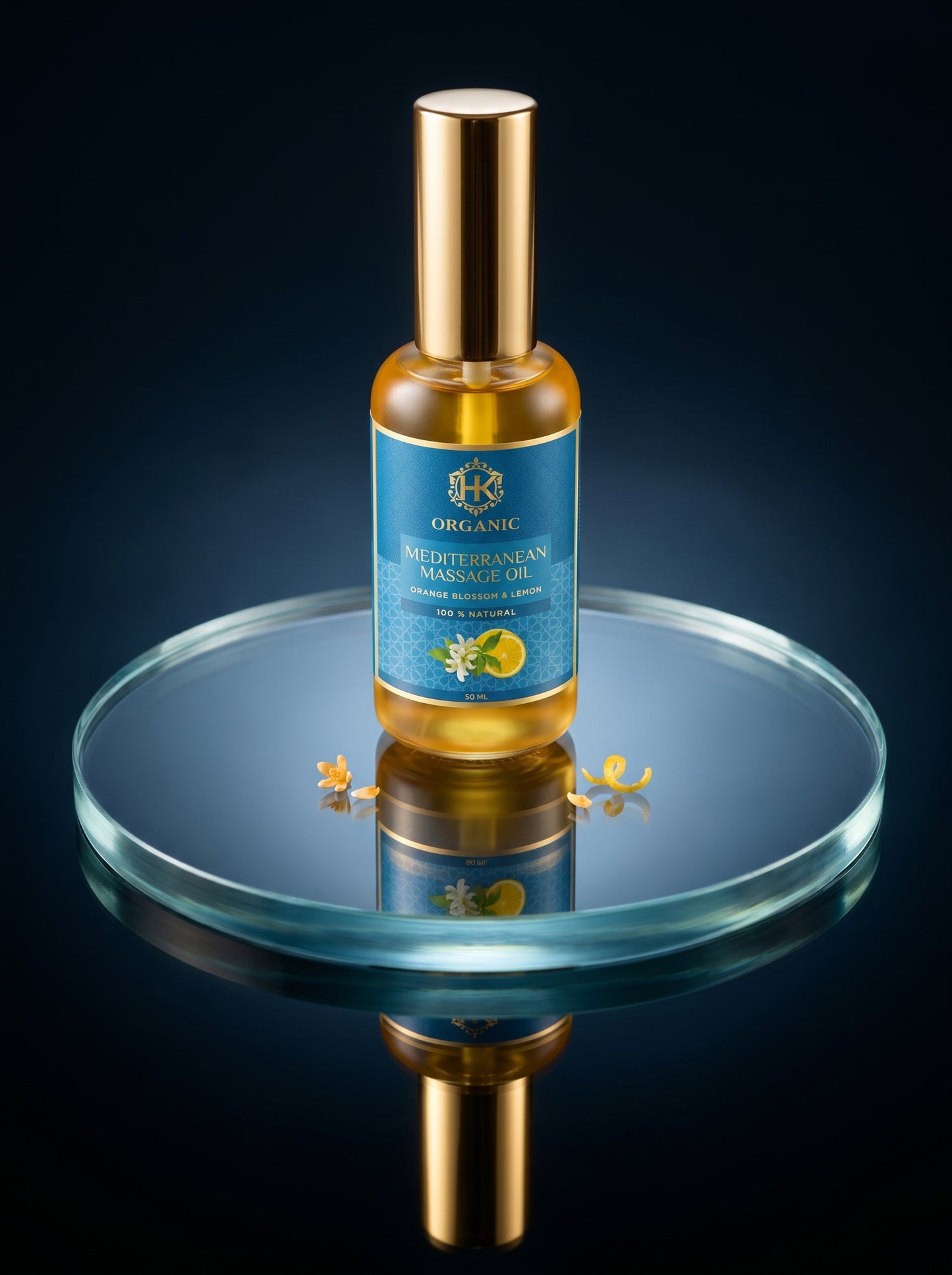 Bottle of Mediterranean Massage Oil on a reflective surface with a dark background