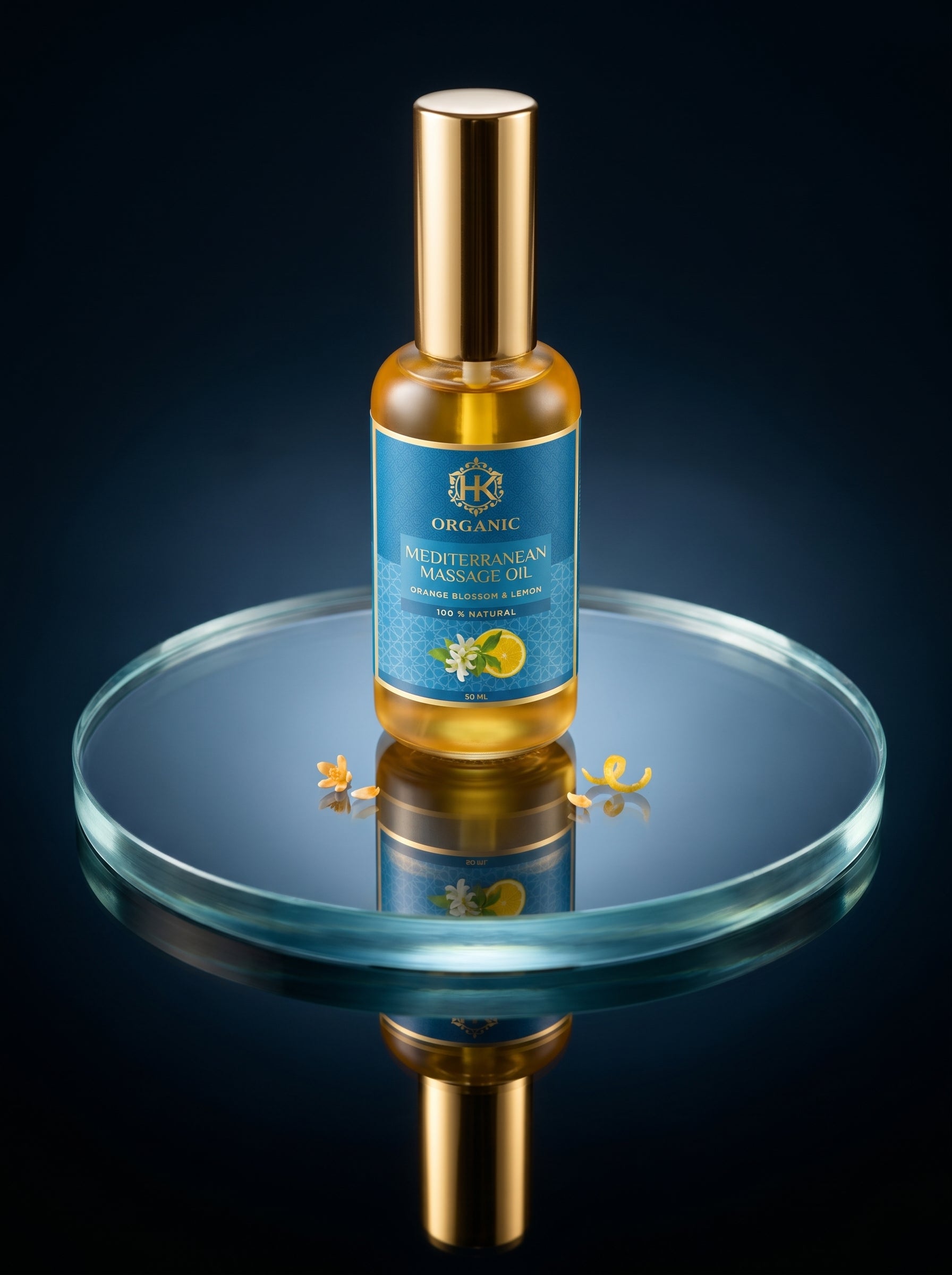 Bottle of Mediterranean Massage Oil on a reflective surface with a dark background