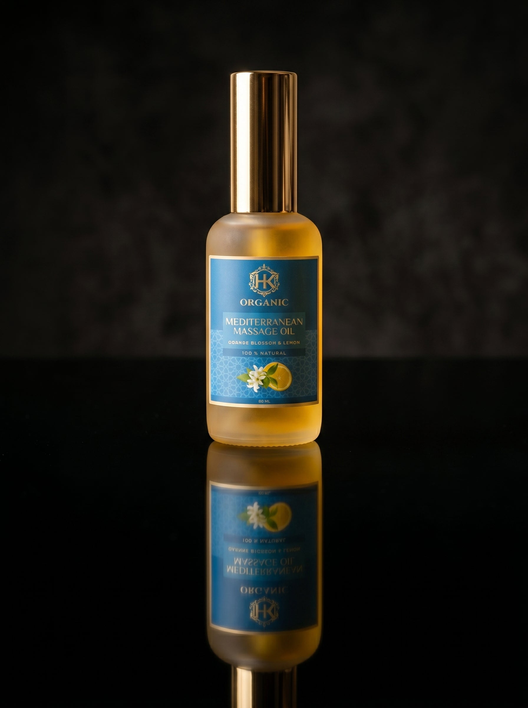 Bottle of organic olive oil with a blue label on a reflective surface.