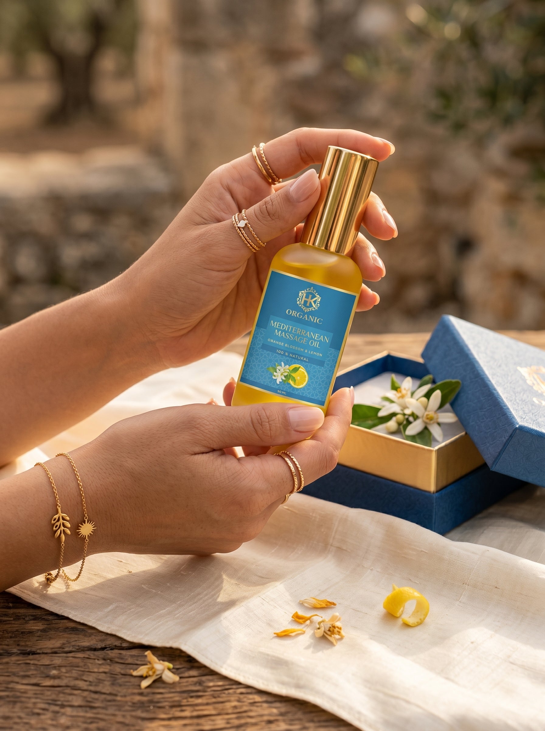 Hand holding a bottle of perfume with a scenic background