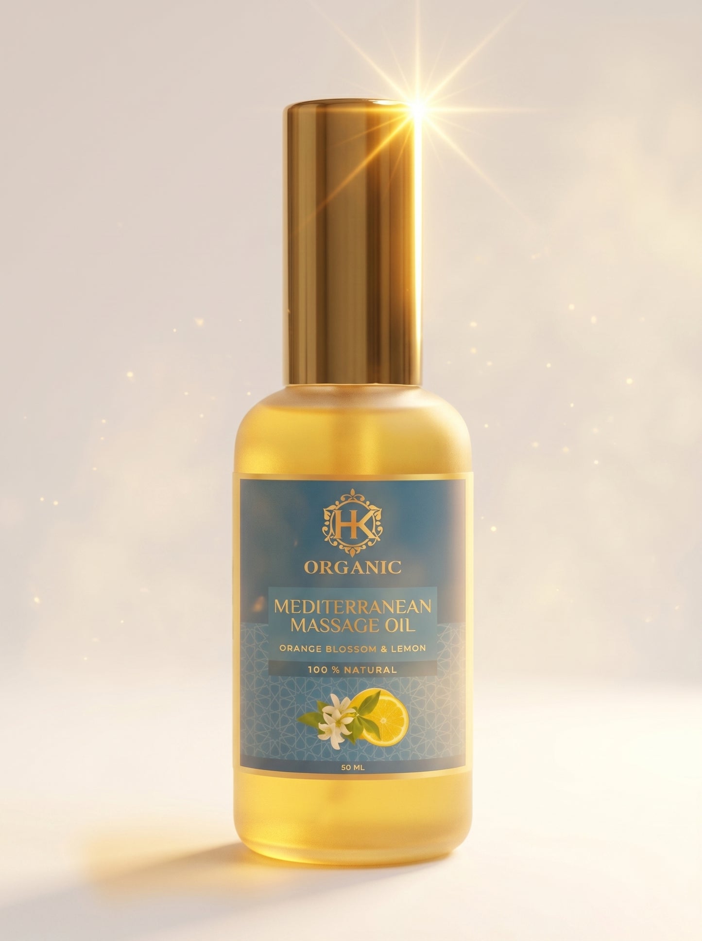 Bottle of organic Mediterranean massage oil with gold cap on a light background