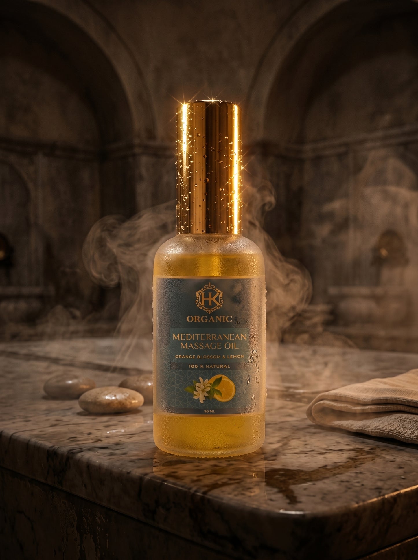 Bottle of Mediterranean Massage Oil on a stone surface with a warm, smoky background
