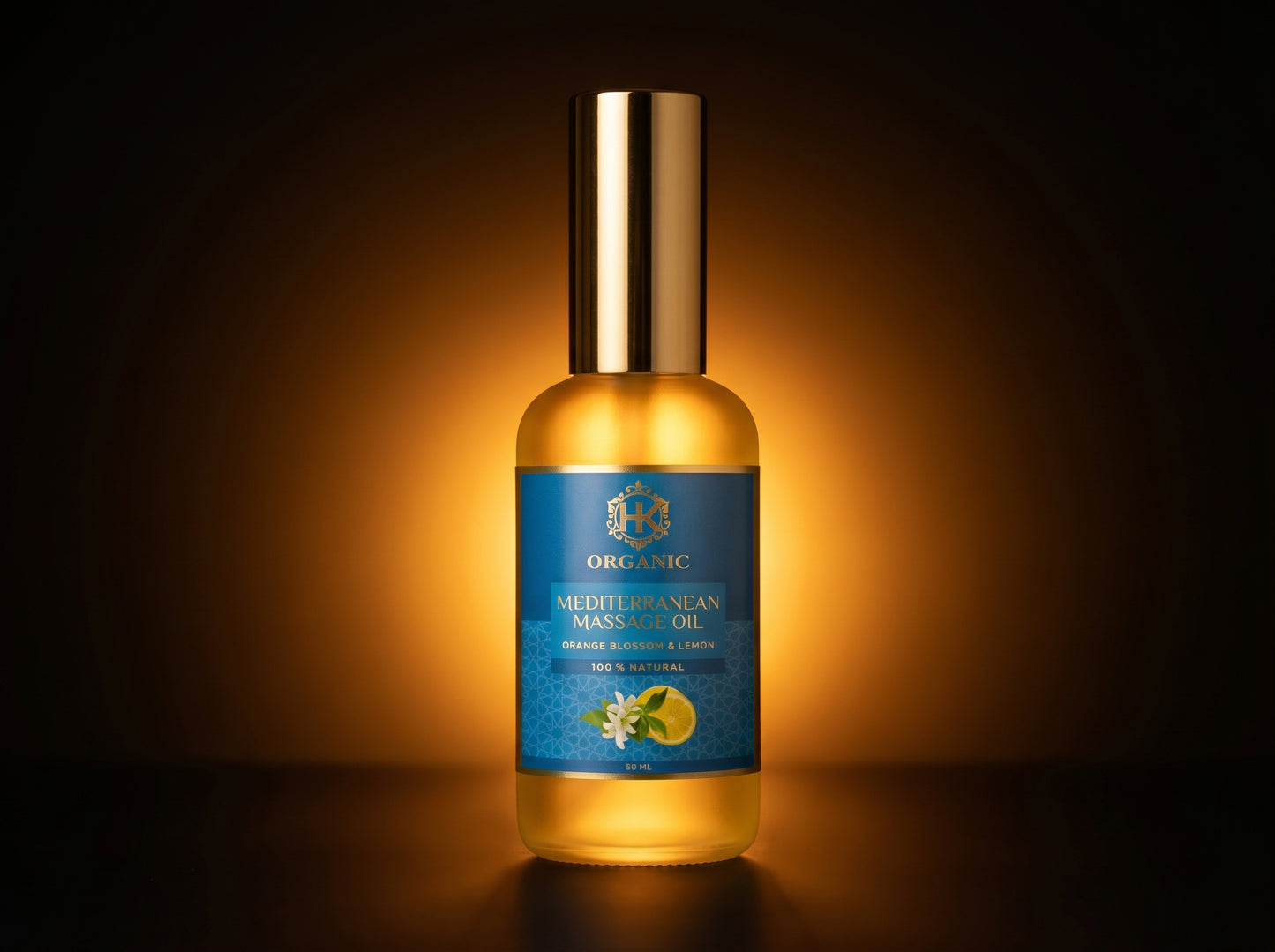 Bottle of Mediterranean massage oil with a blue label on a dark background