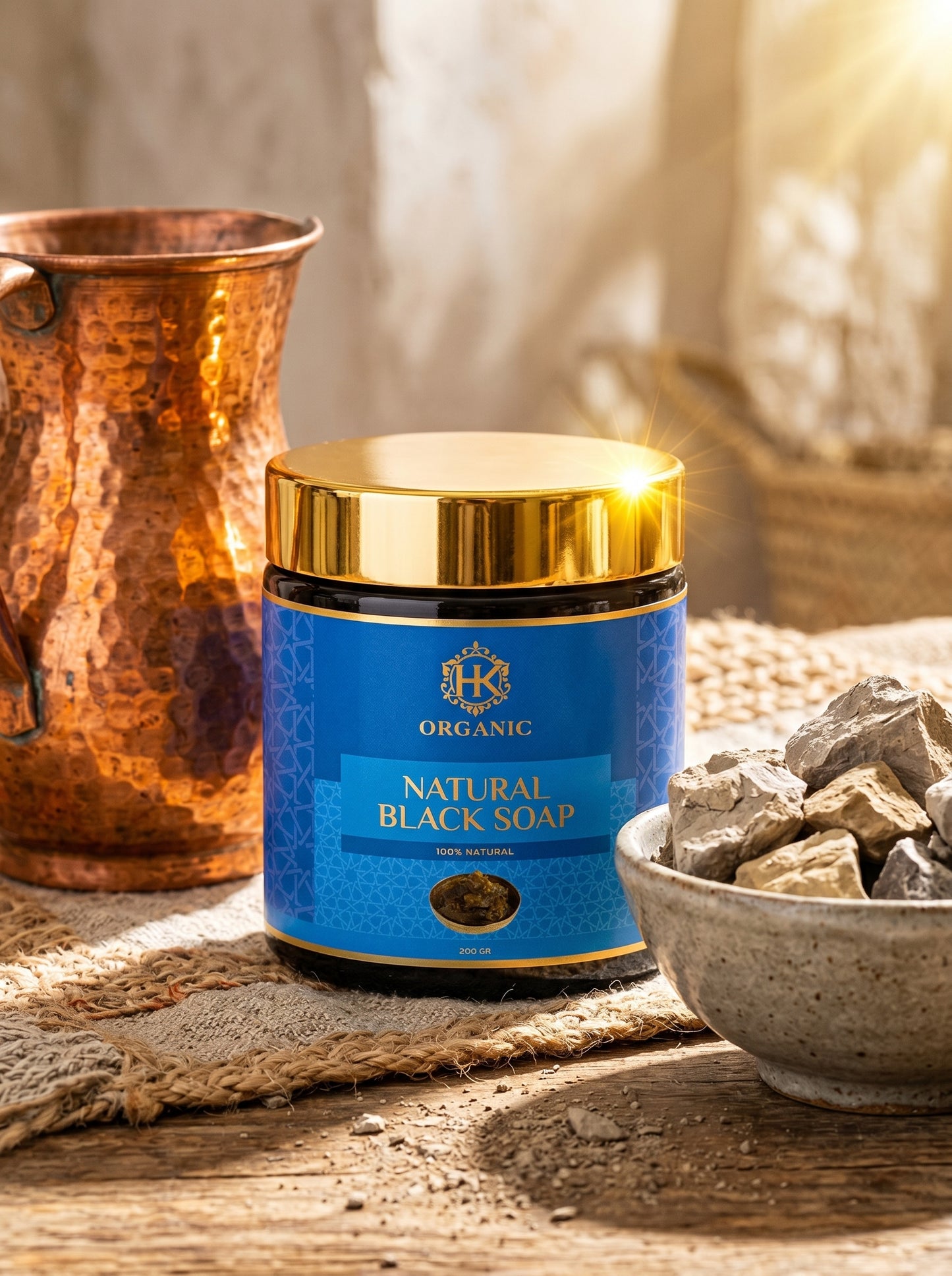 Blue jar of natural black soap with gold lid on a rustic wooden surface.
