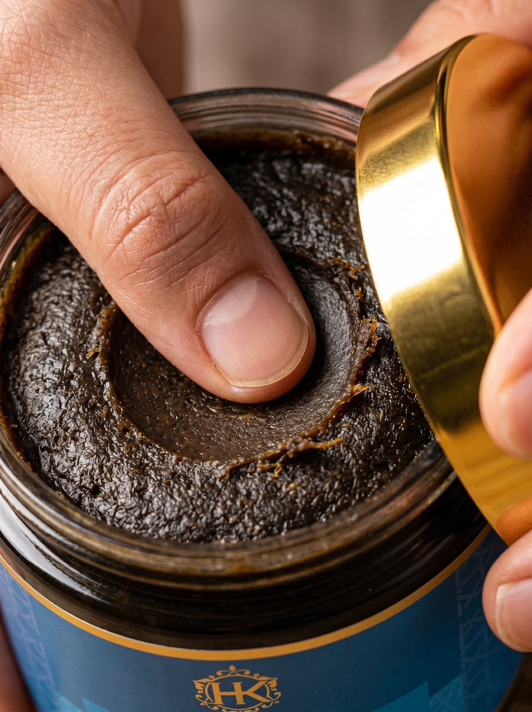 Close-up of a jar with a gold lid being opened, revealing dark paste inside.