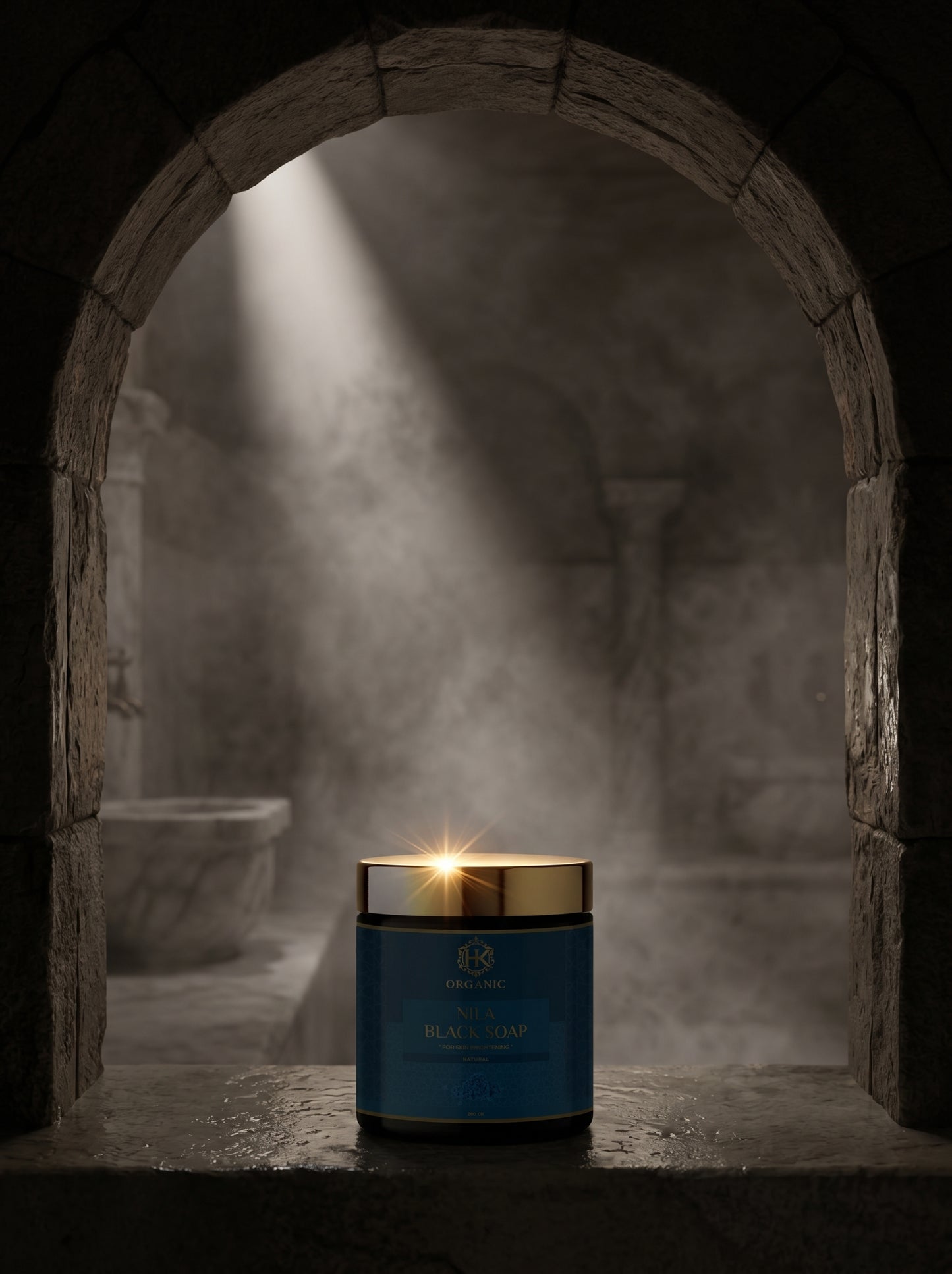 Blue candle in a stone archway with a smoky effect
