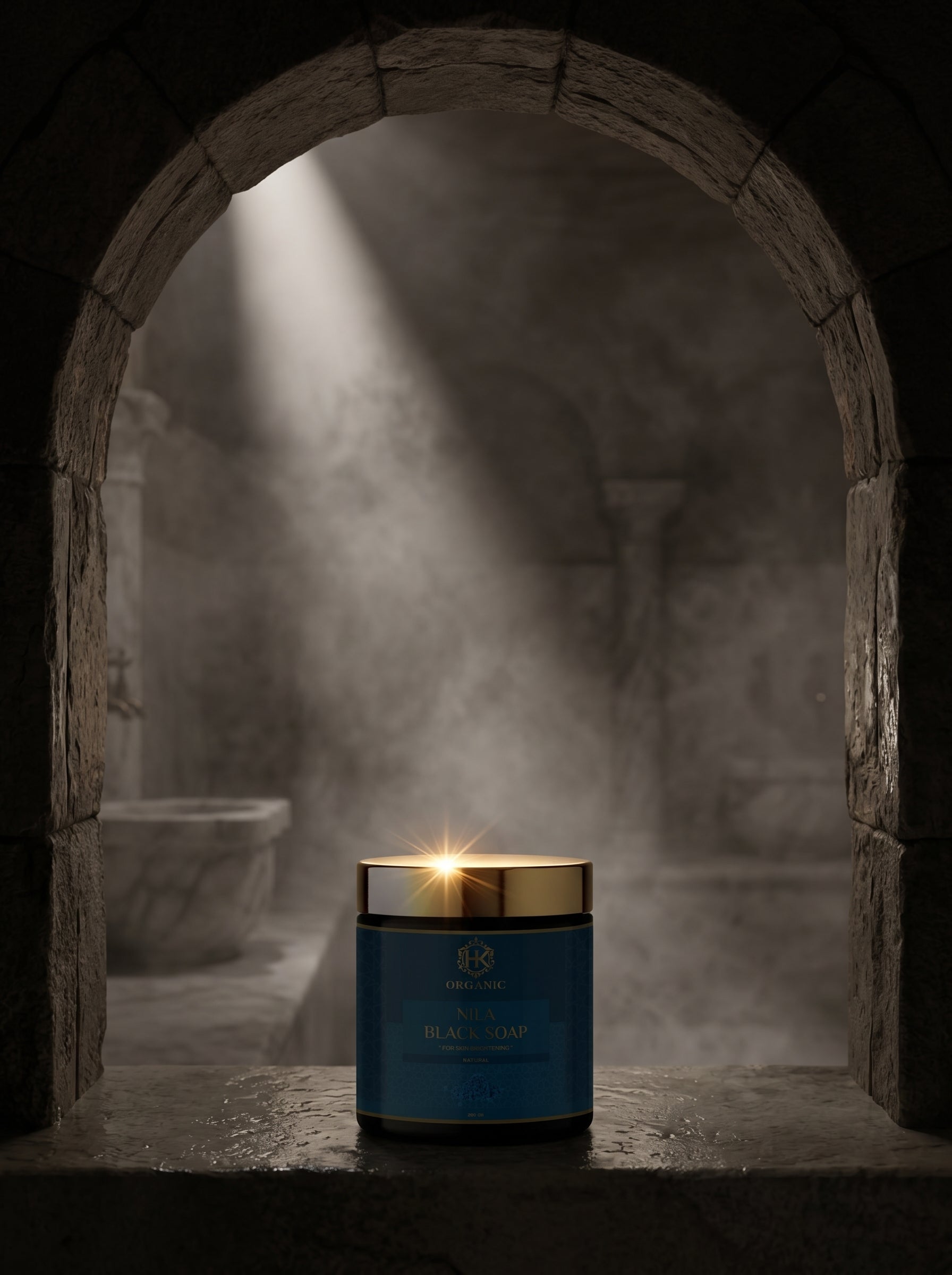 Blue candle in a stone archway with a smoky effect