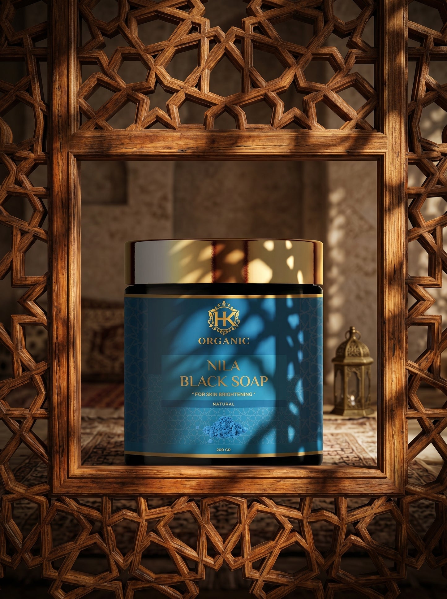Blue container of black soap on a wooden shelf with intricate carvings