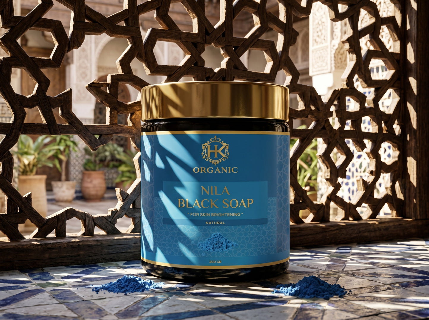 Container of Nila Black Soap with decorative background