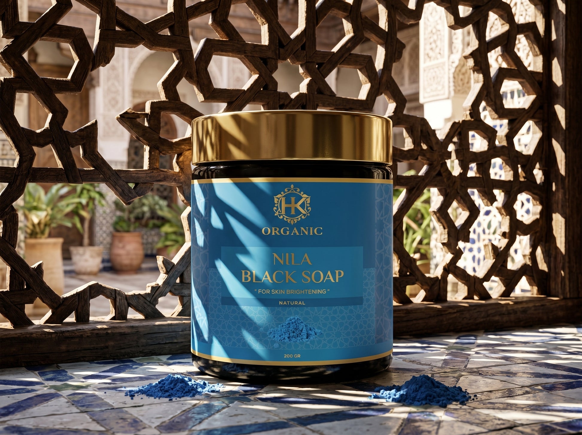 Container of Nila Black Soap with decorative background