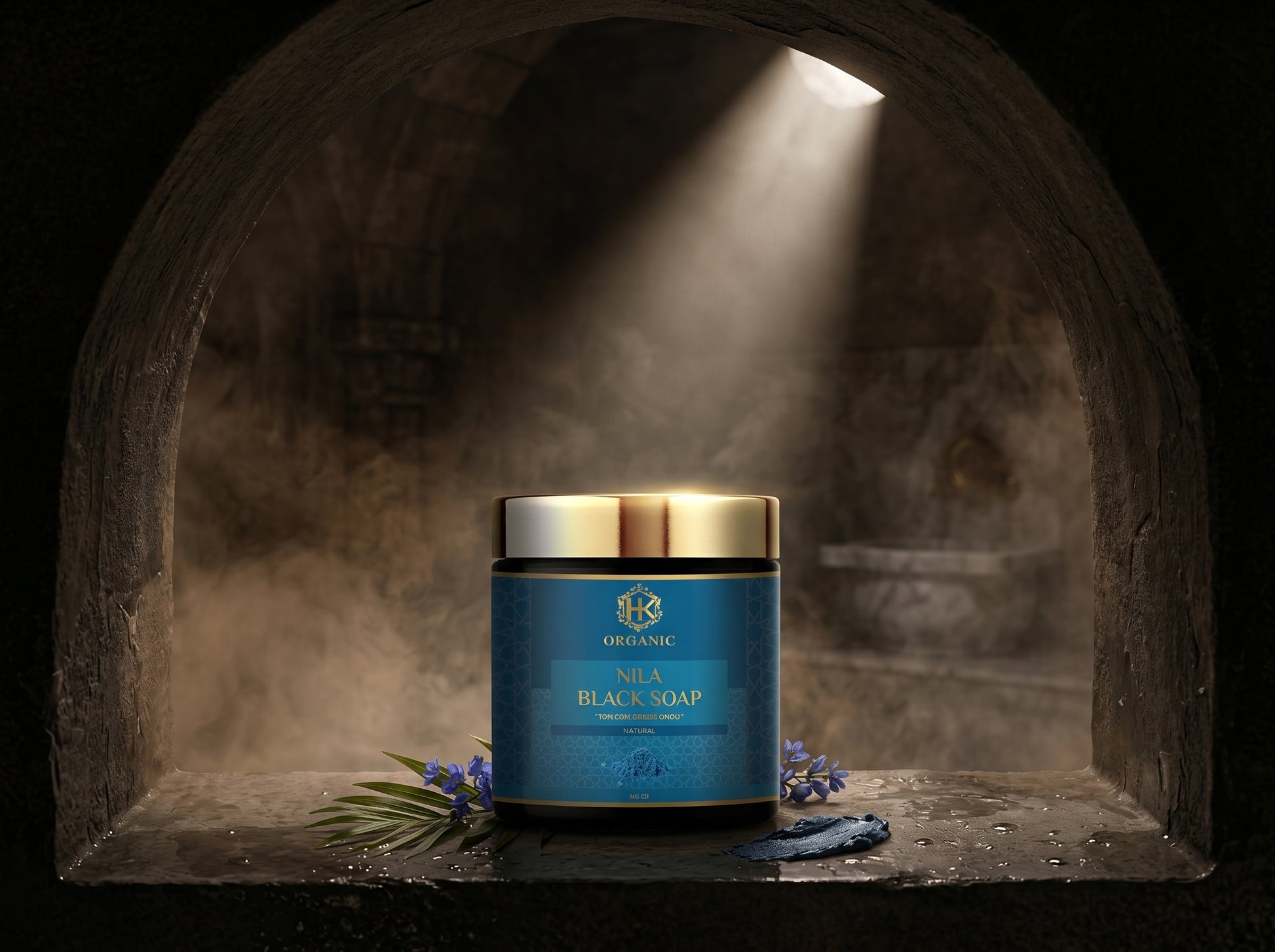 Blue jar of black soap with gold lid on a dark background