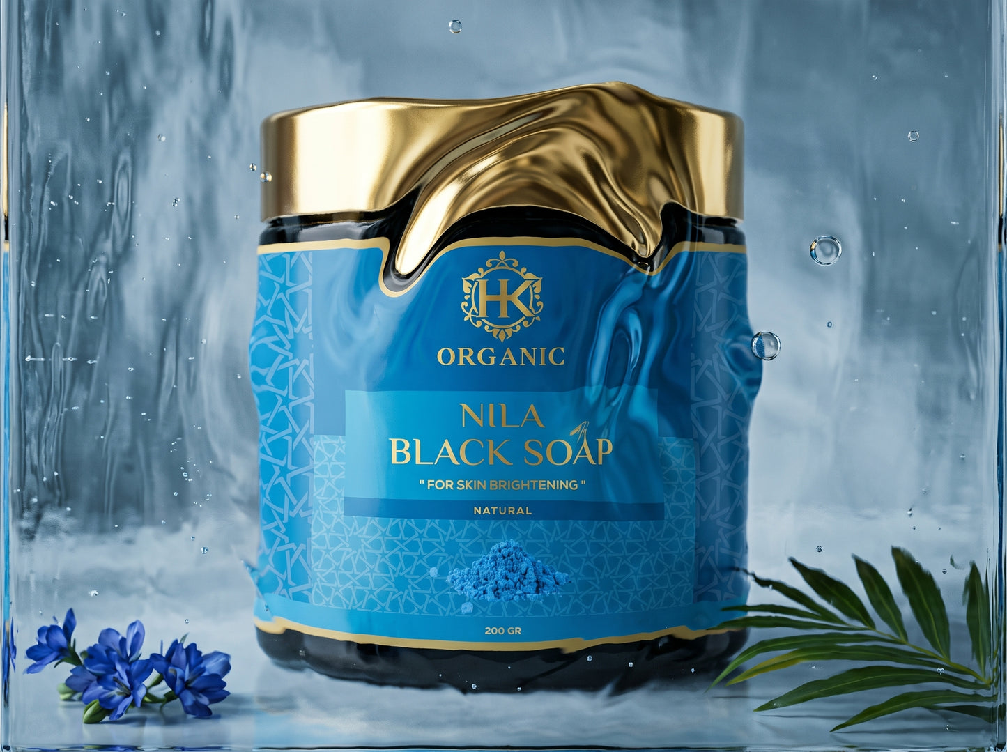 Blue soap bar with gold cap on a water droplet background