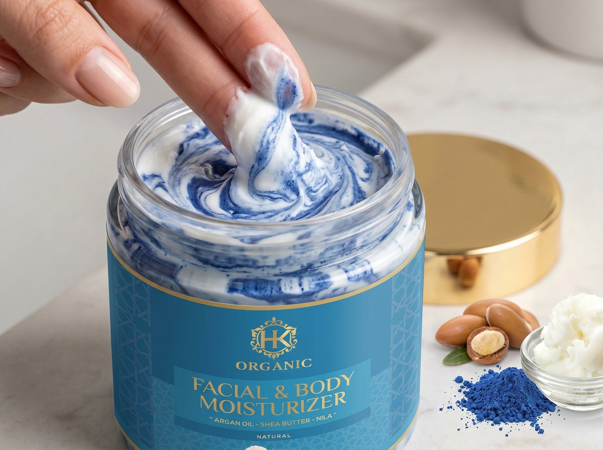Hand scooping moisturizer from a jar labeled 'Organic Facial & Body Moisturizer' with ingredients visible in the background.