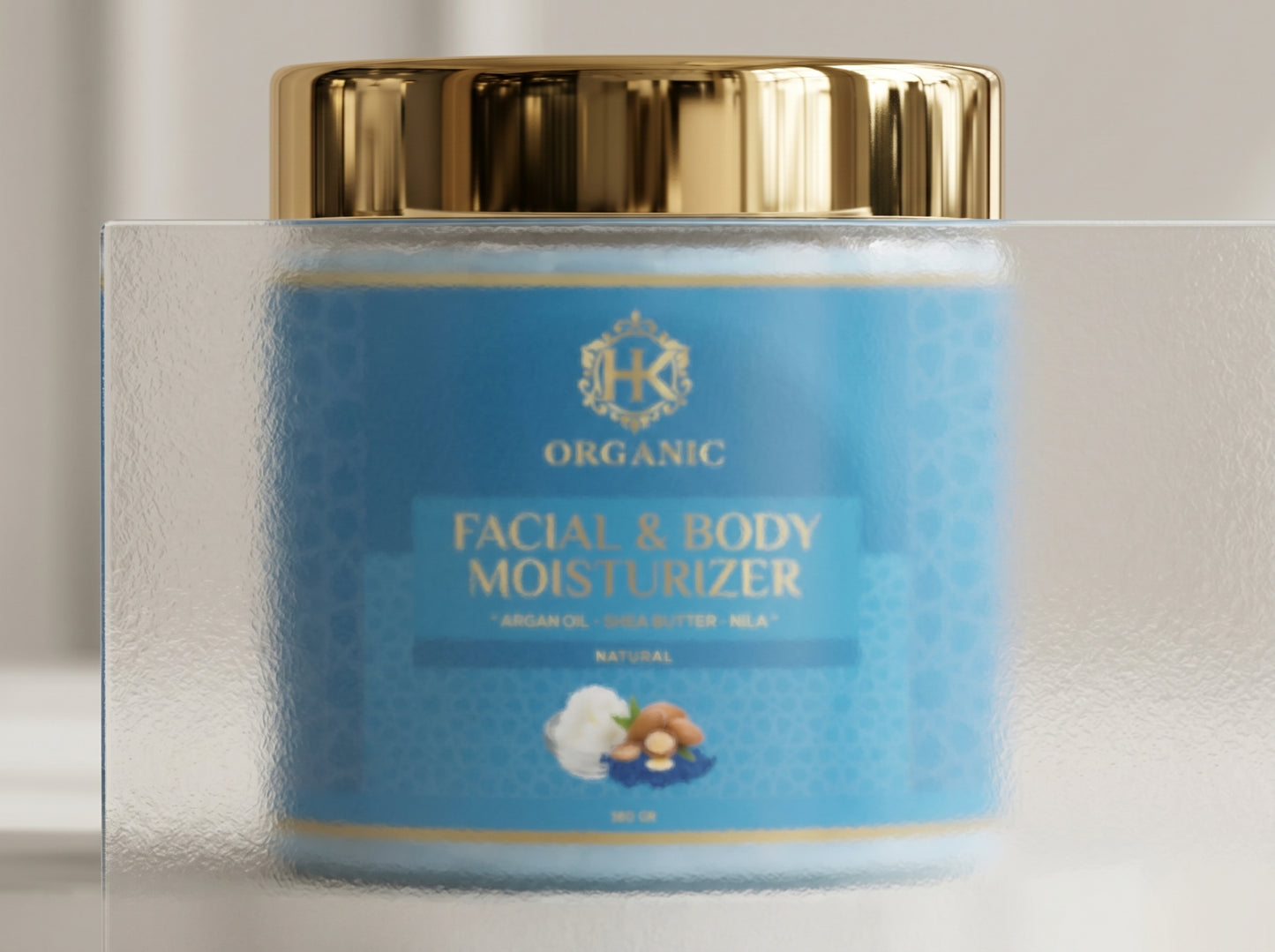 Facial and body moisturizer jar with blue label and gold lid on a clear stand.