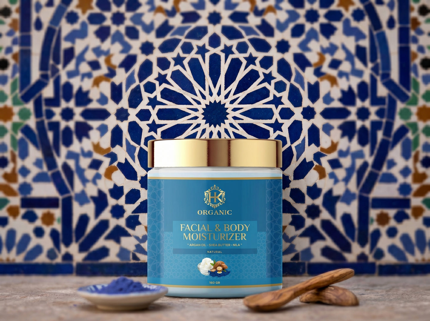 Facial and body moisturizer jar with decorative blue and white patterned tiles in the background