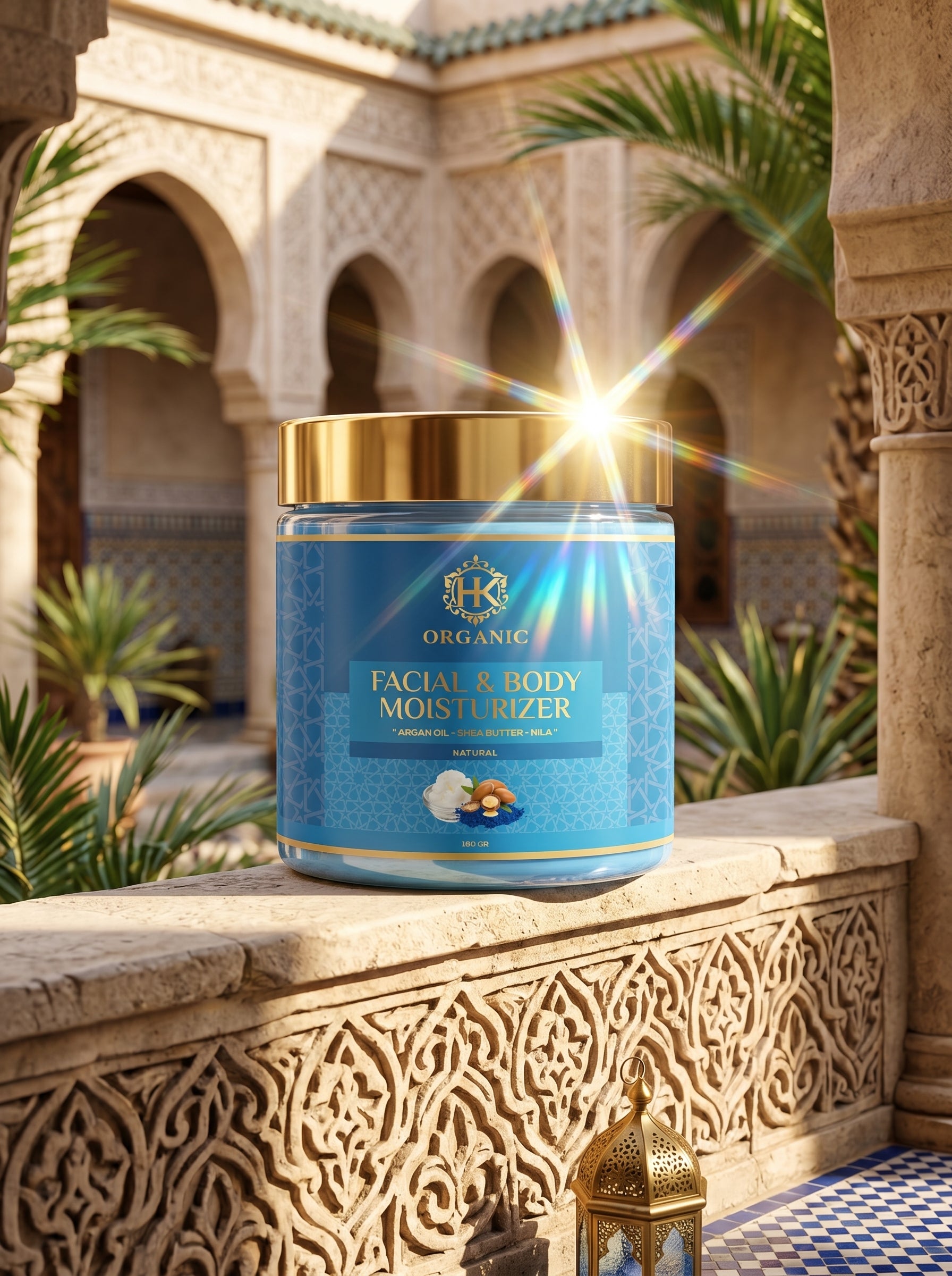 Facial and body moisturizer jar with a sunlit background