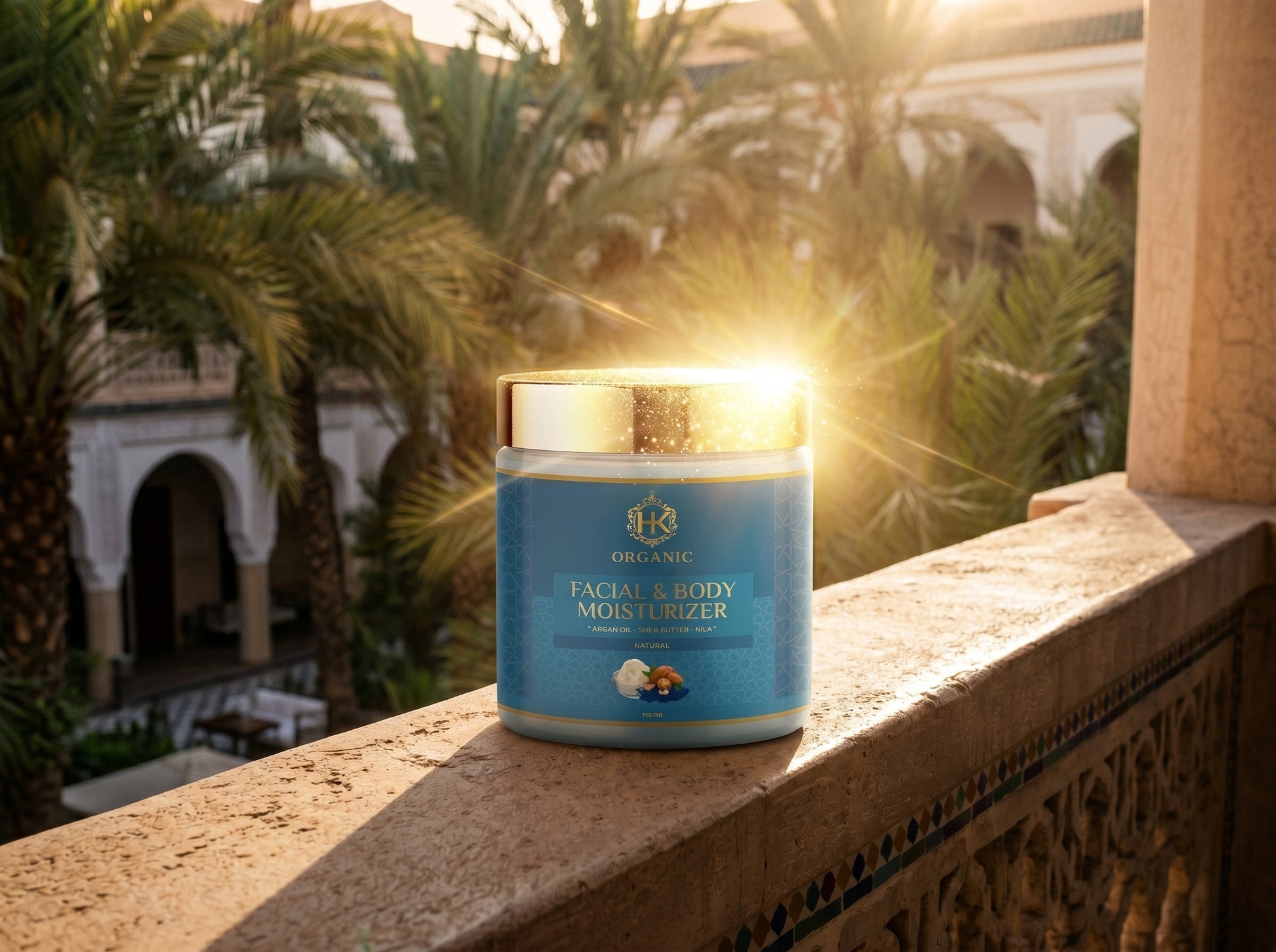 Facial and body moisturizer jar on a ledge with a scenic background