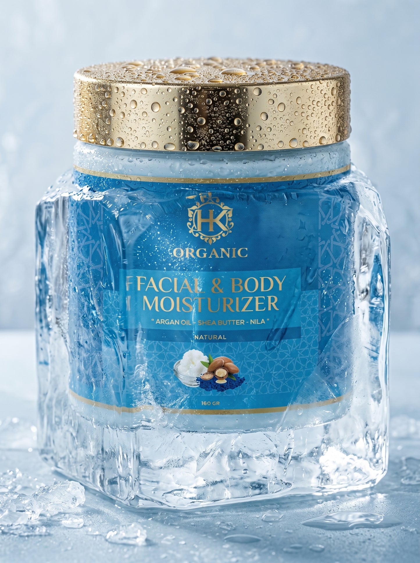 Facial and body moisturizer jar with gold lid, blue label, and ice cubes around it.