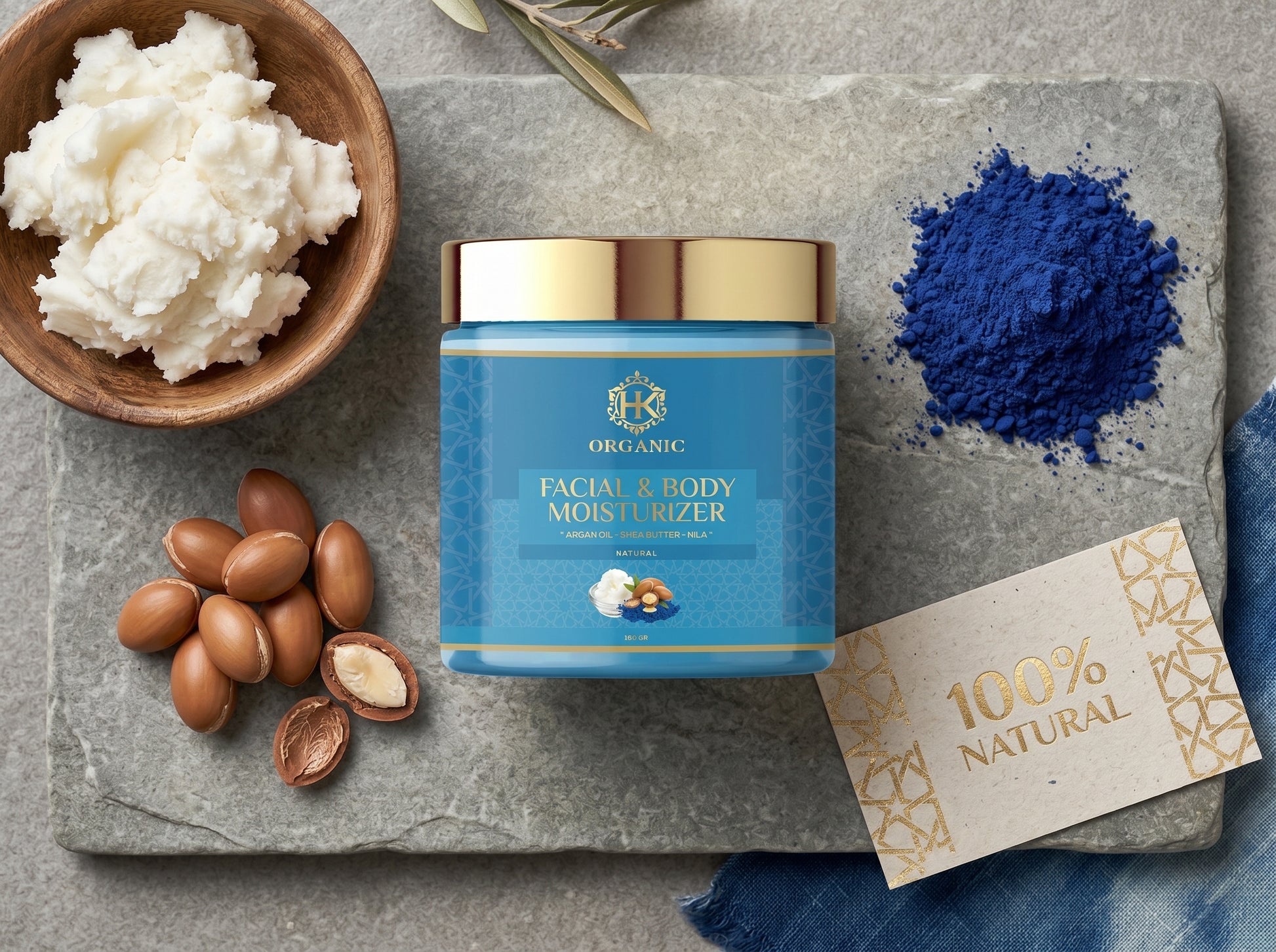 Facial and body moisturizer jar with ingredients on a stone surface