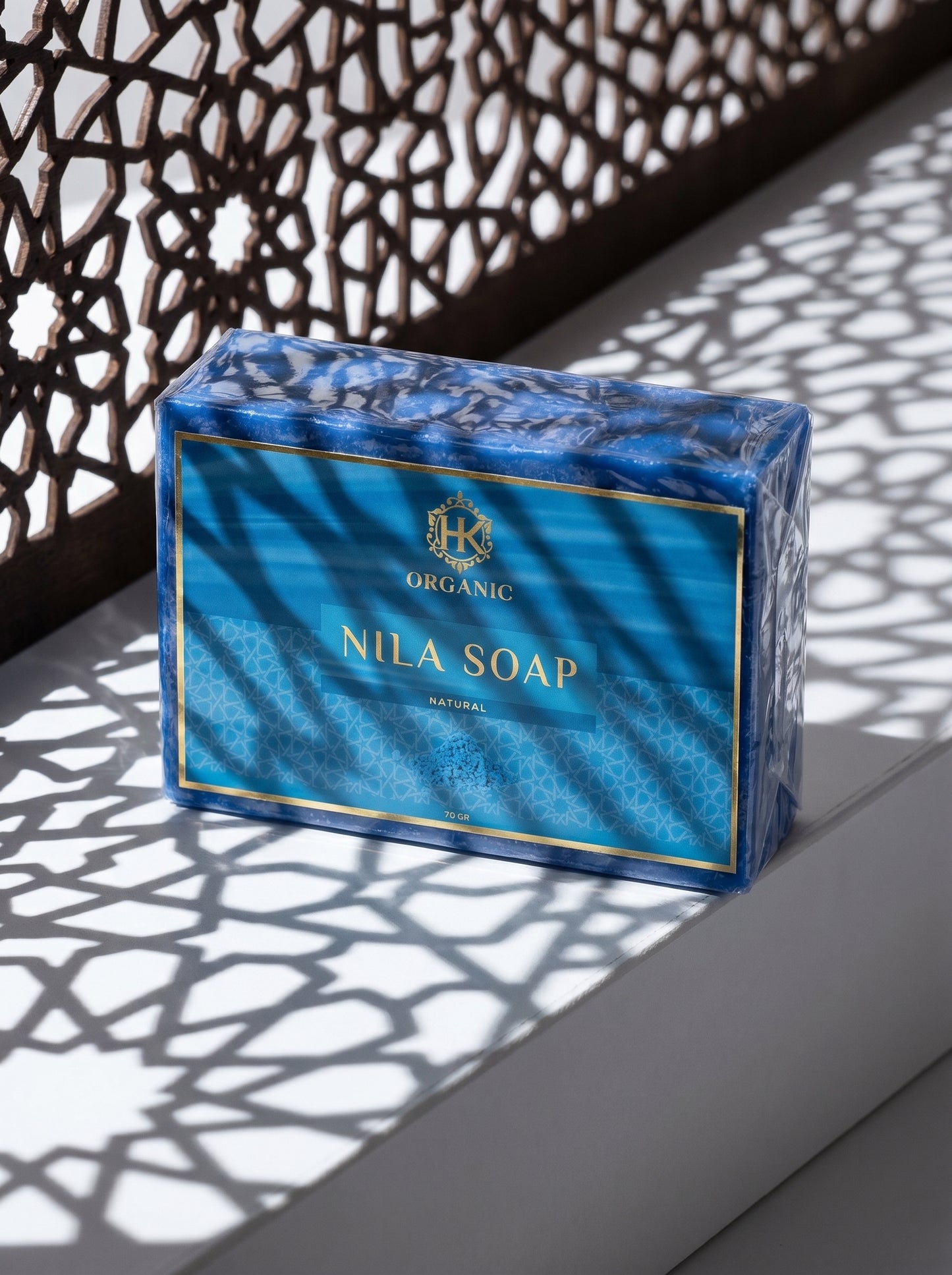 Blue Nila Soap packaging on a textured surface
