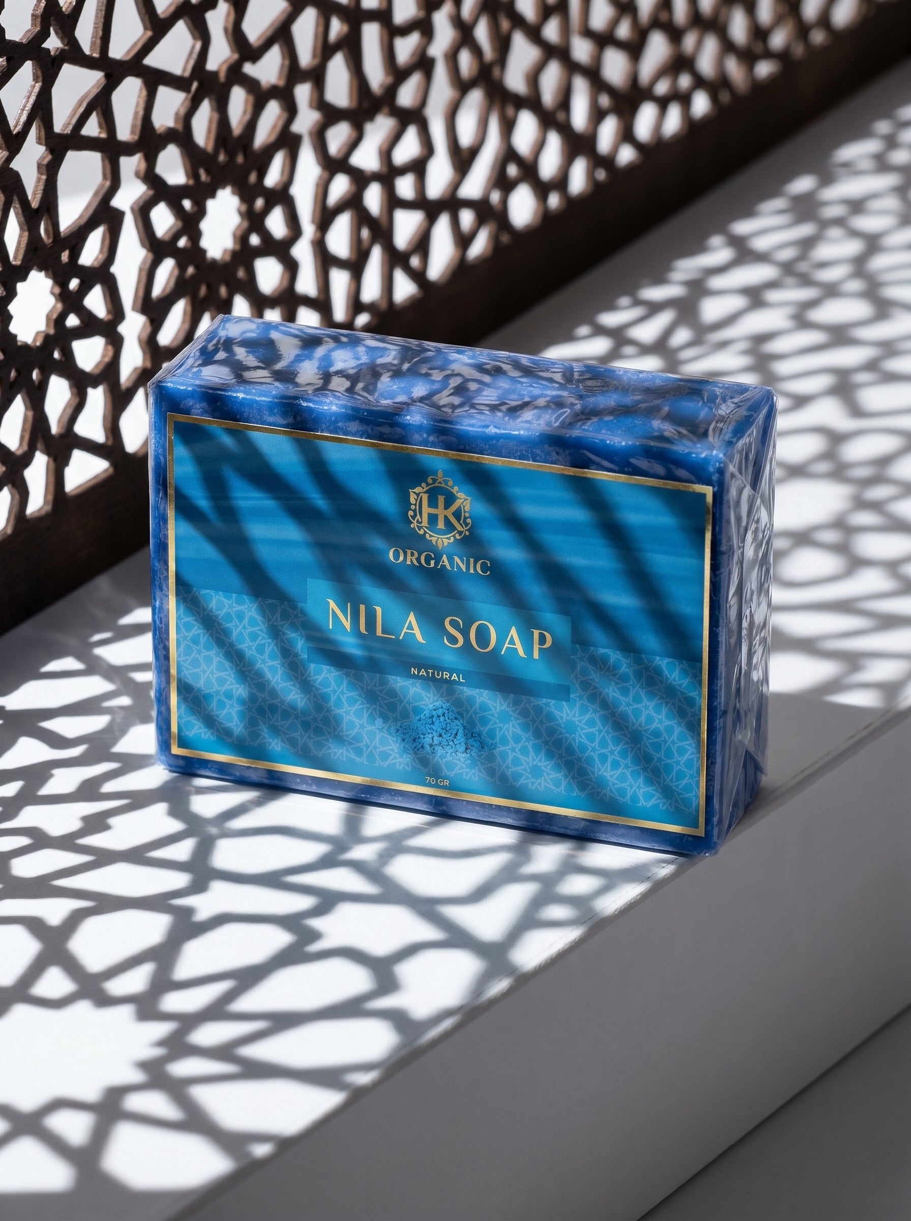 Blue Nila Soap packaging on a textured surface