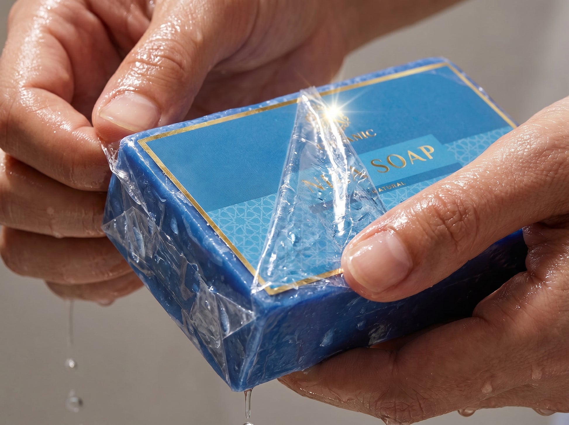 Blue soap bar with a clear wrapper held by hands against a neutral background