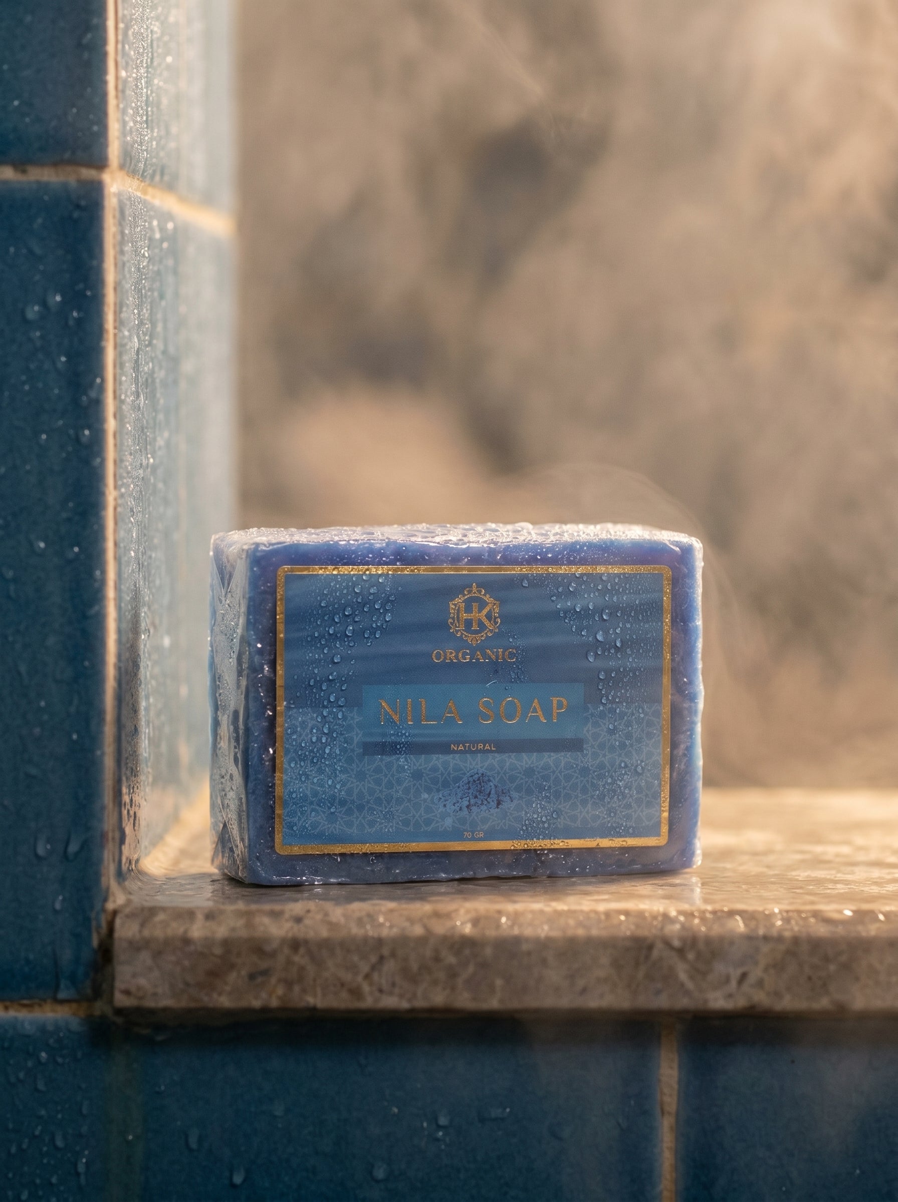 Bar of Nila Soap on a tiled shower ledge