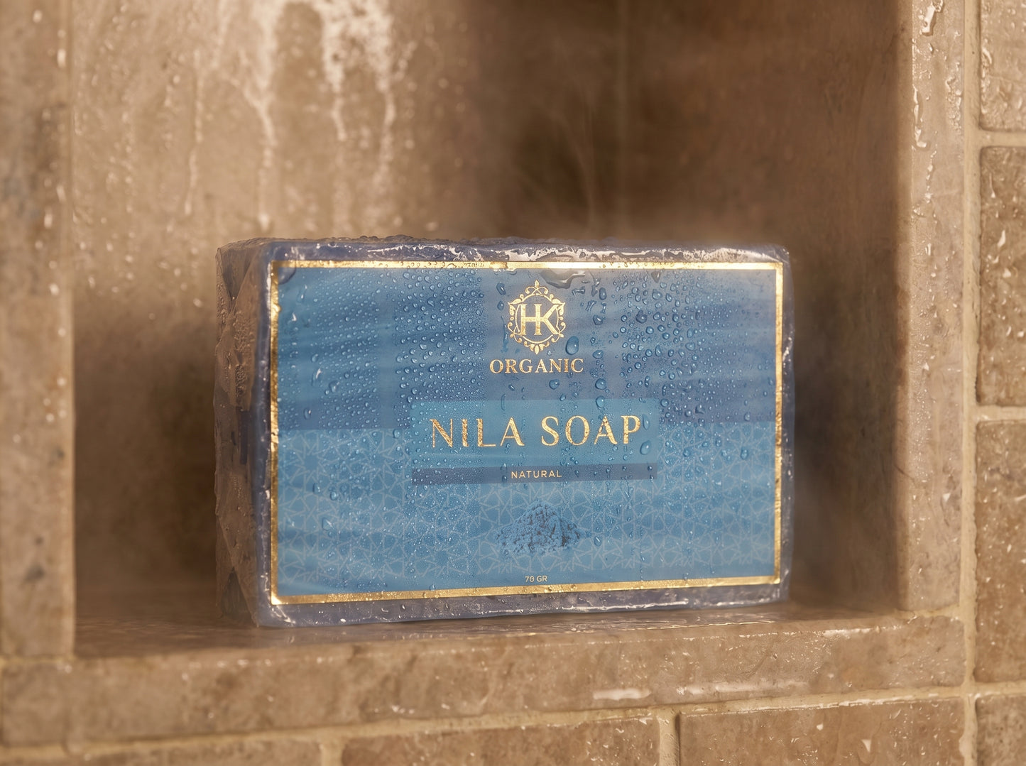 Bar of Nila Soap on a tiled shower wall
