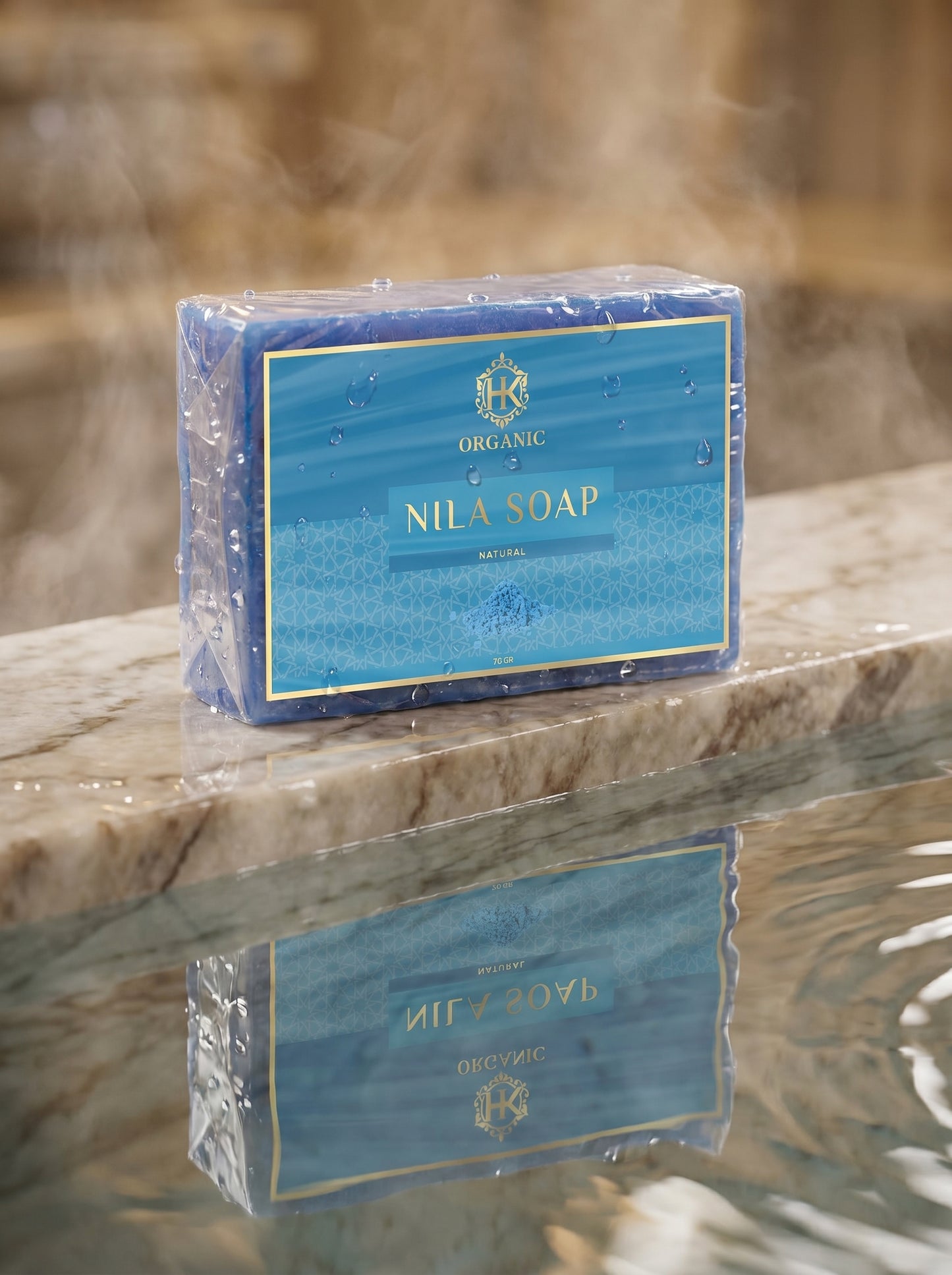 Nila Soap on a marble surface with a blurred background