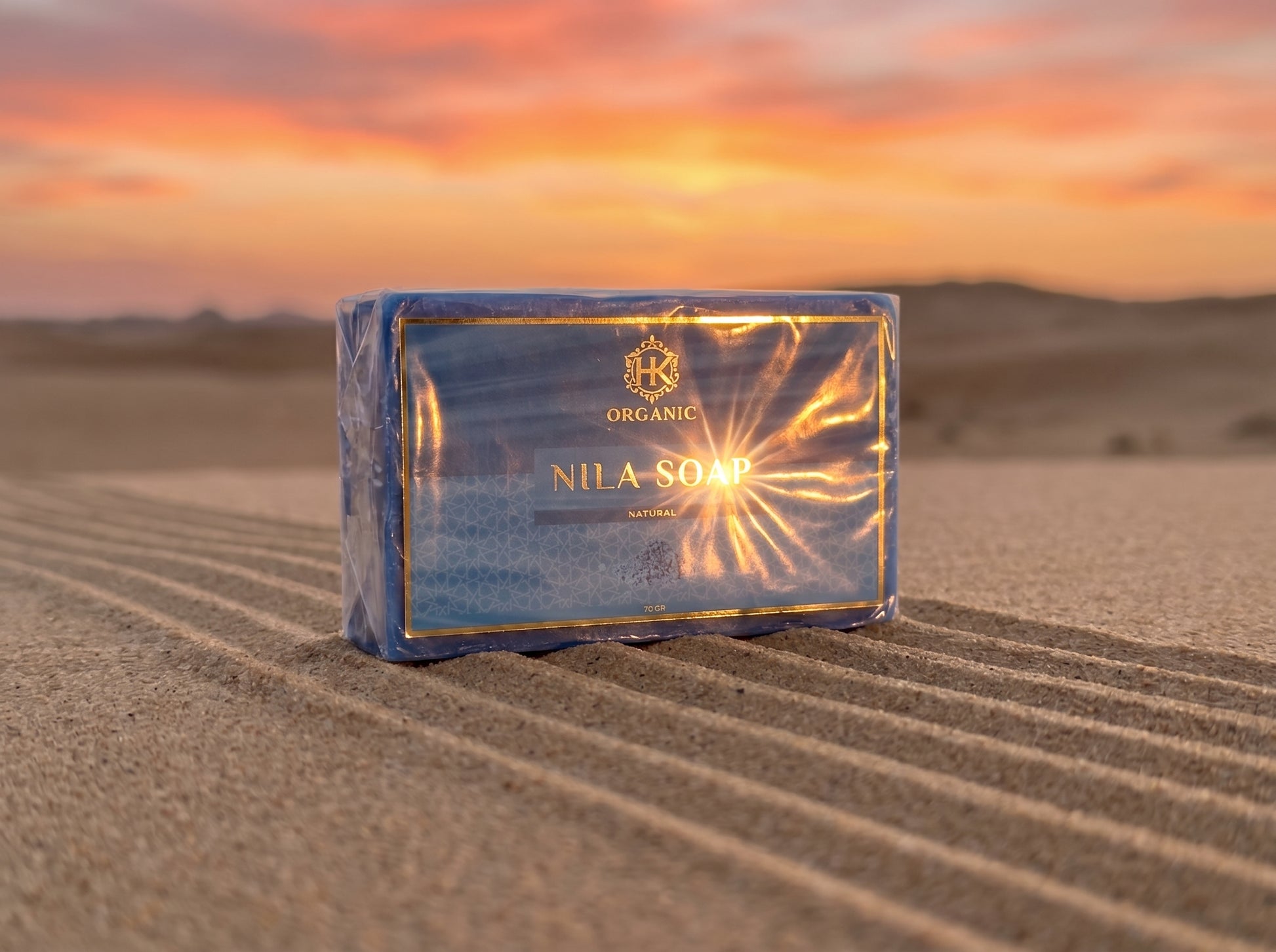  Nila Soap in a desert setting with a sunset