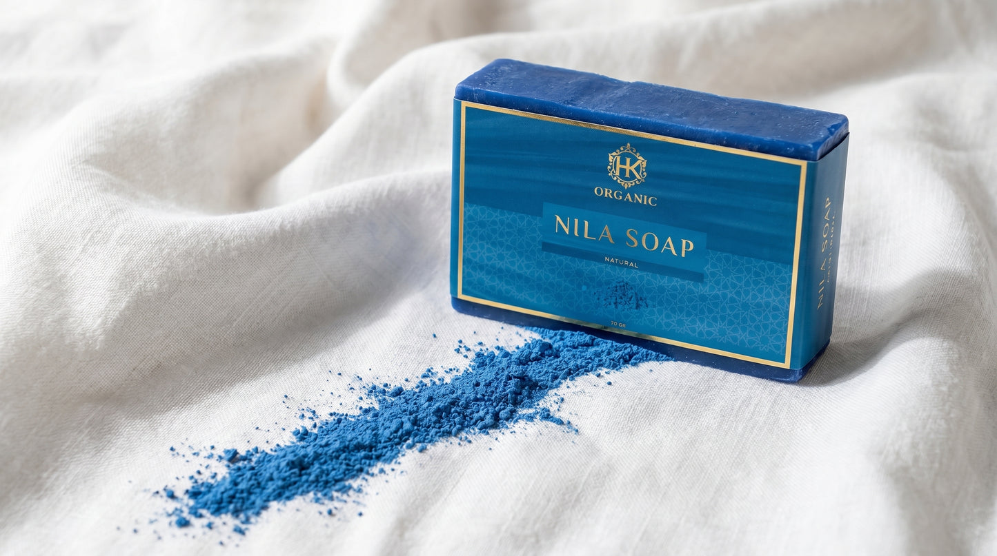Blue Nila Soap bar on a white fabric background