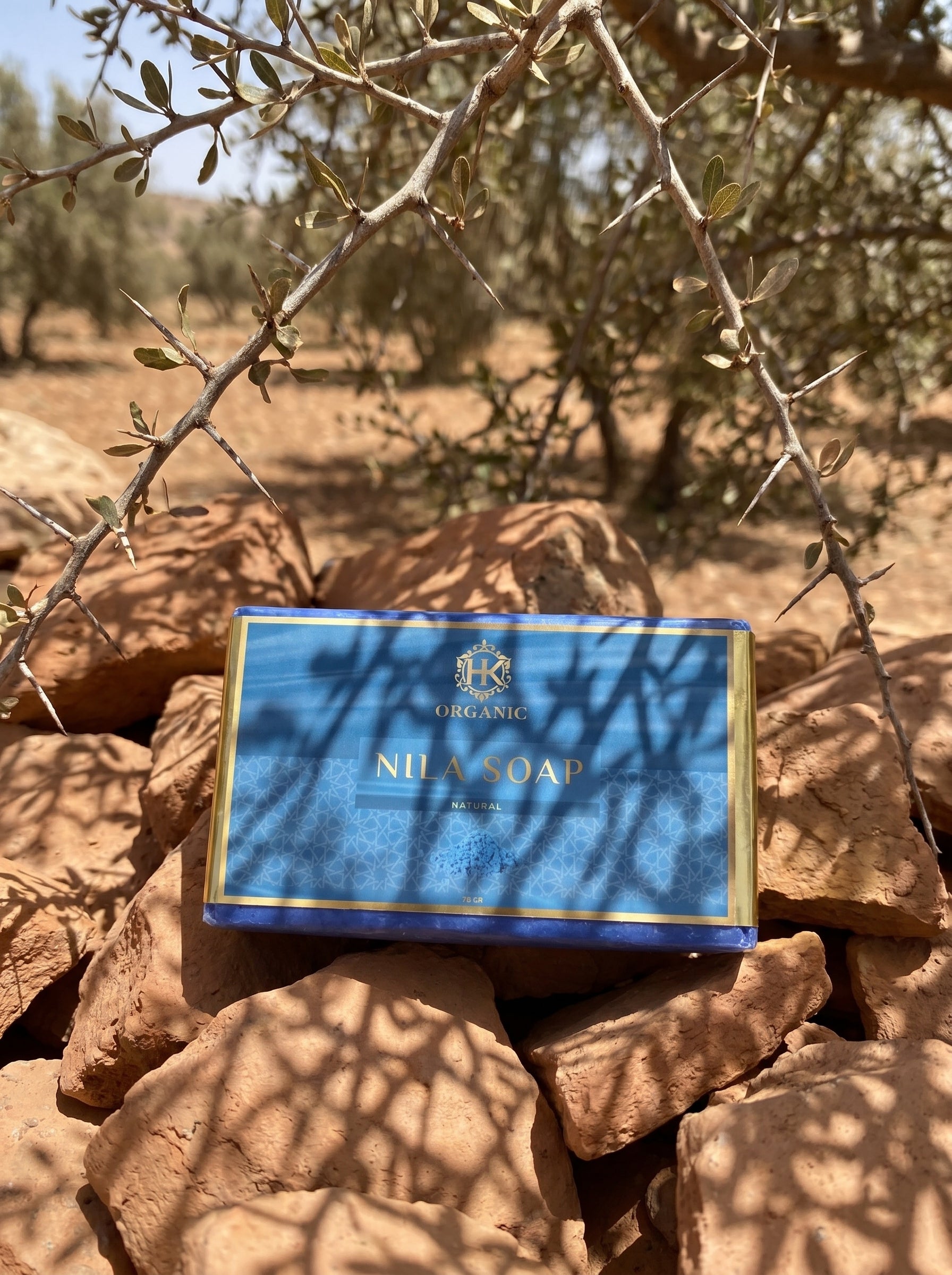 Blue Nila Soap packaging on a rocky surface with desert landscape in the background