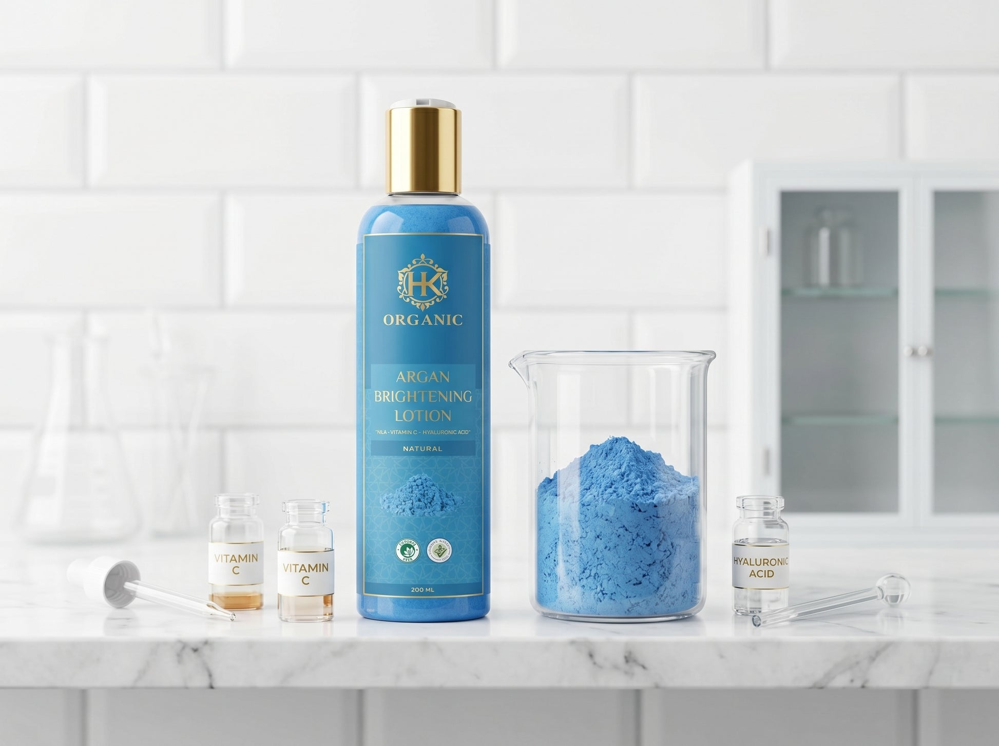 Blue skincare product on a marble countertop with a white tiled wall background