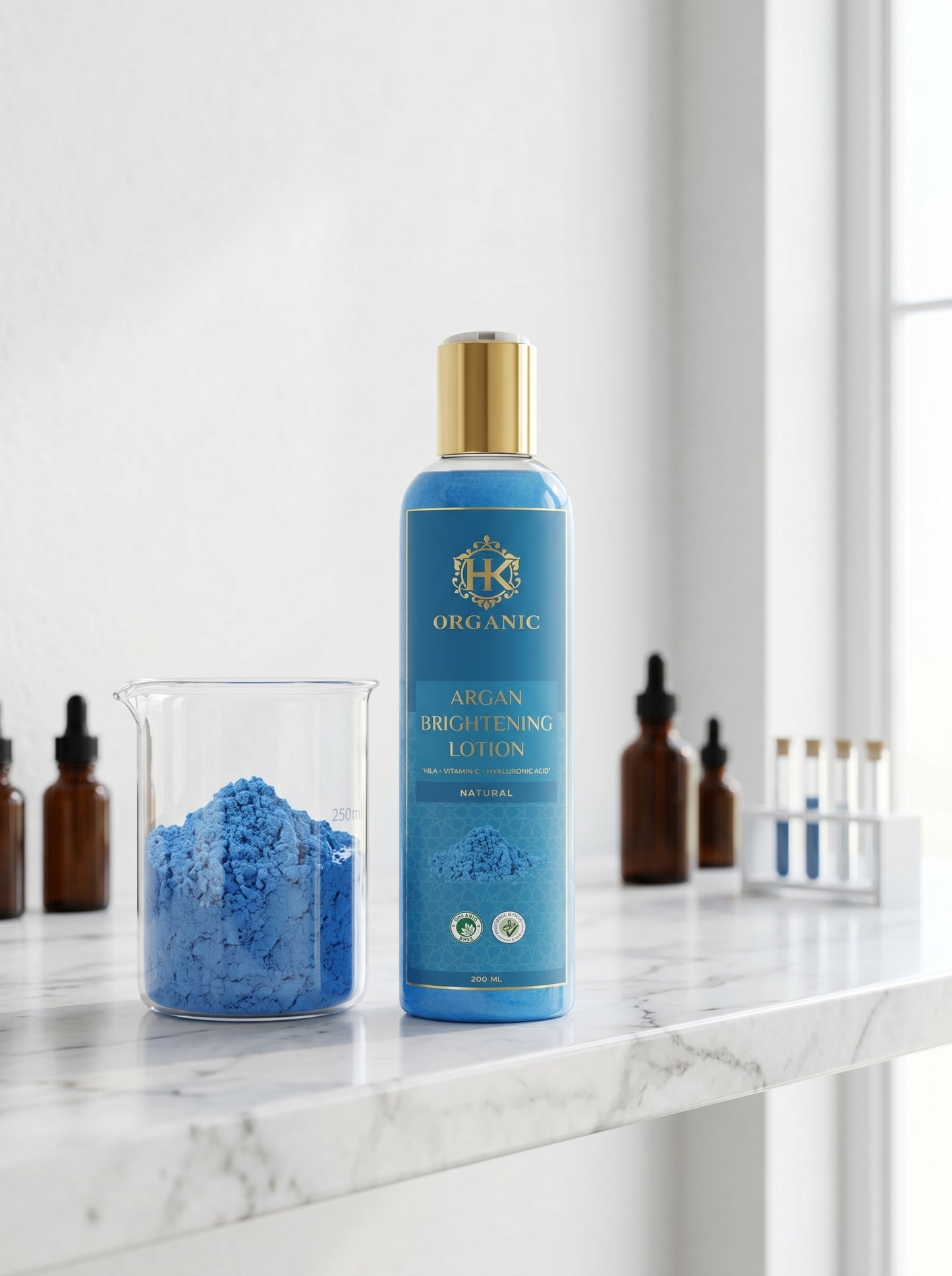 Blue bottle of lotion on a marble surface with other skincare products.