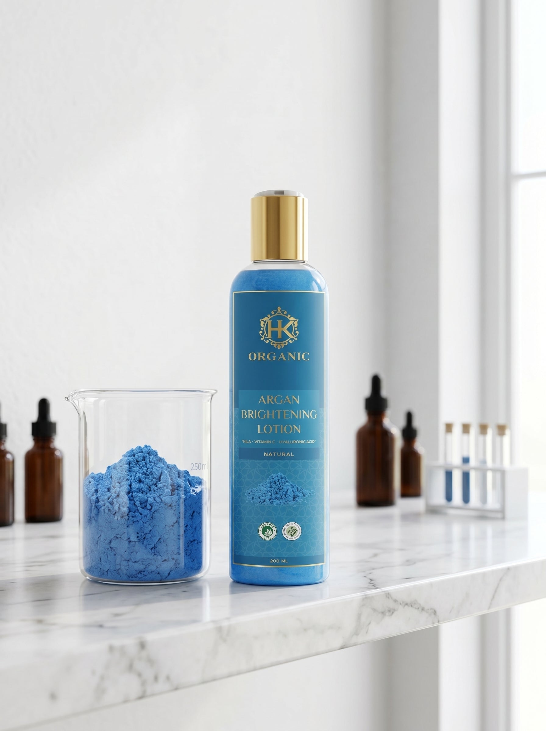Blue bottle of lotion on a marble surface with other skincare products.