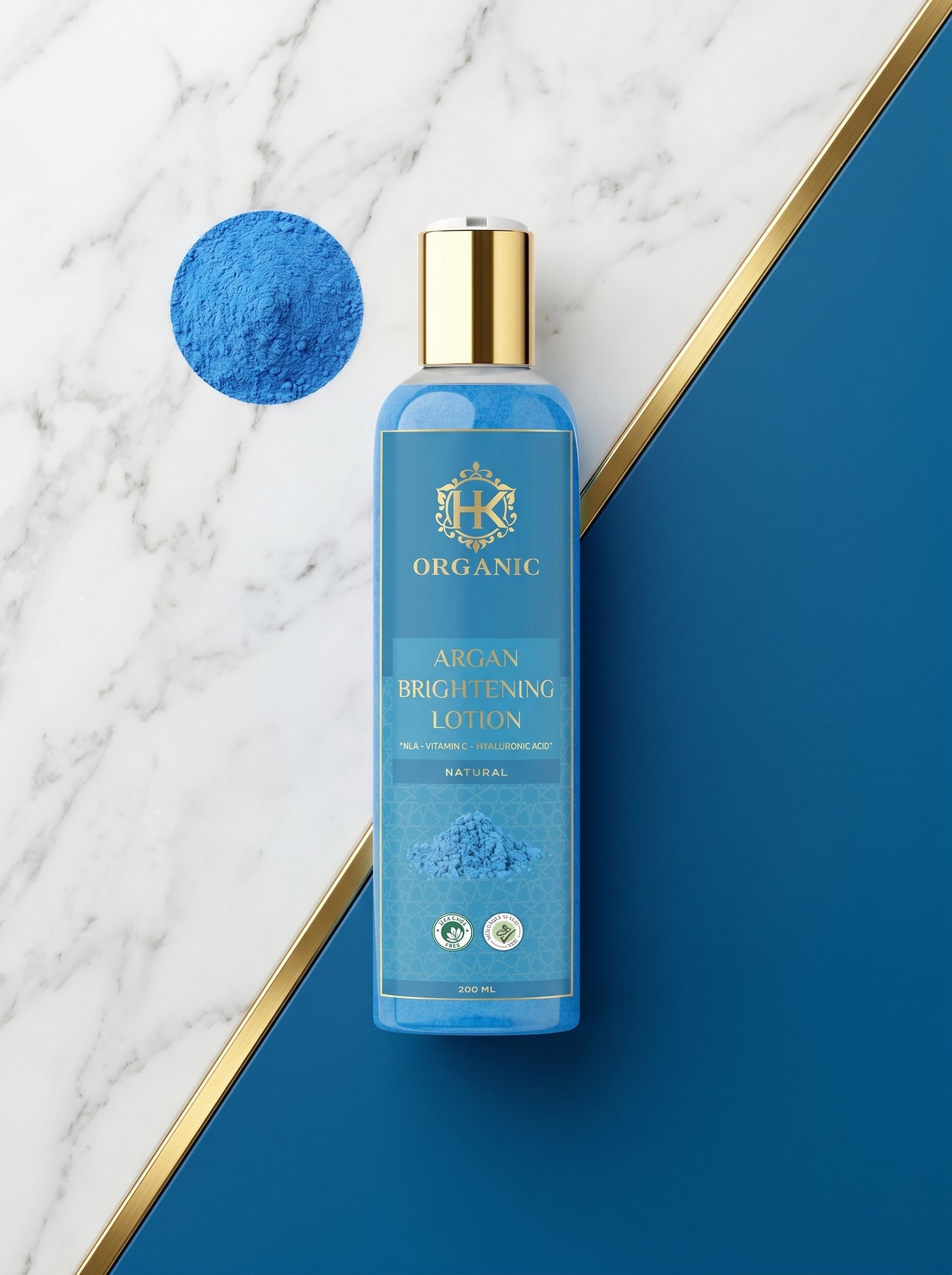 Blue bottle of organic argan brightening lotion on a marble surface with a blue background