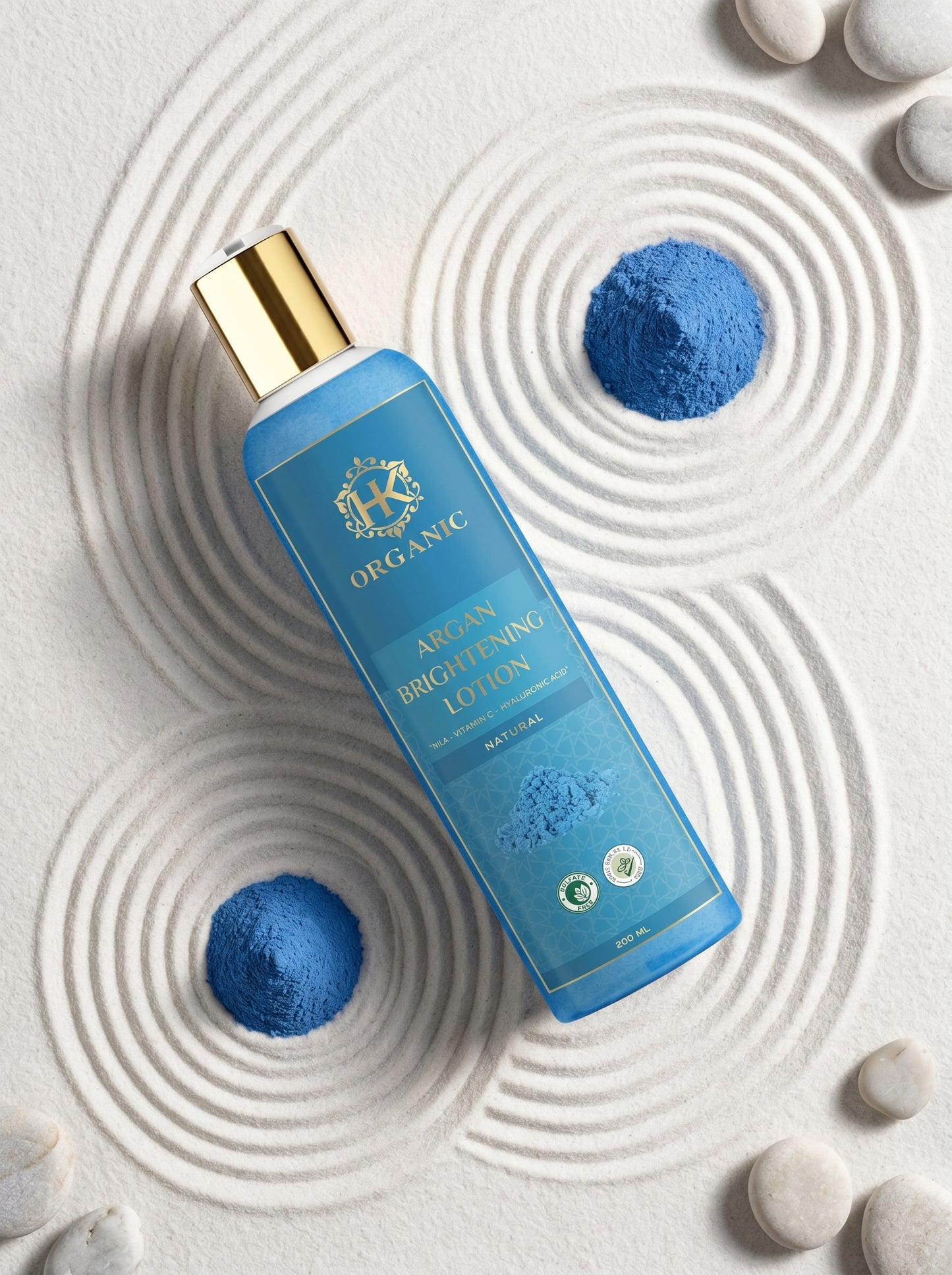 Blue bottle labeled 'ORGANIC' with blue powder on a textured white background