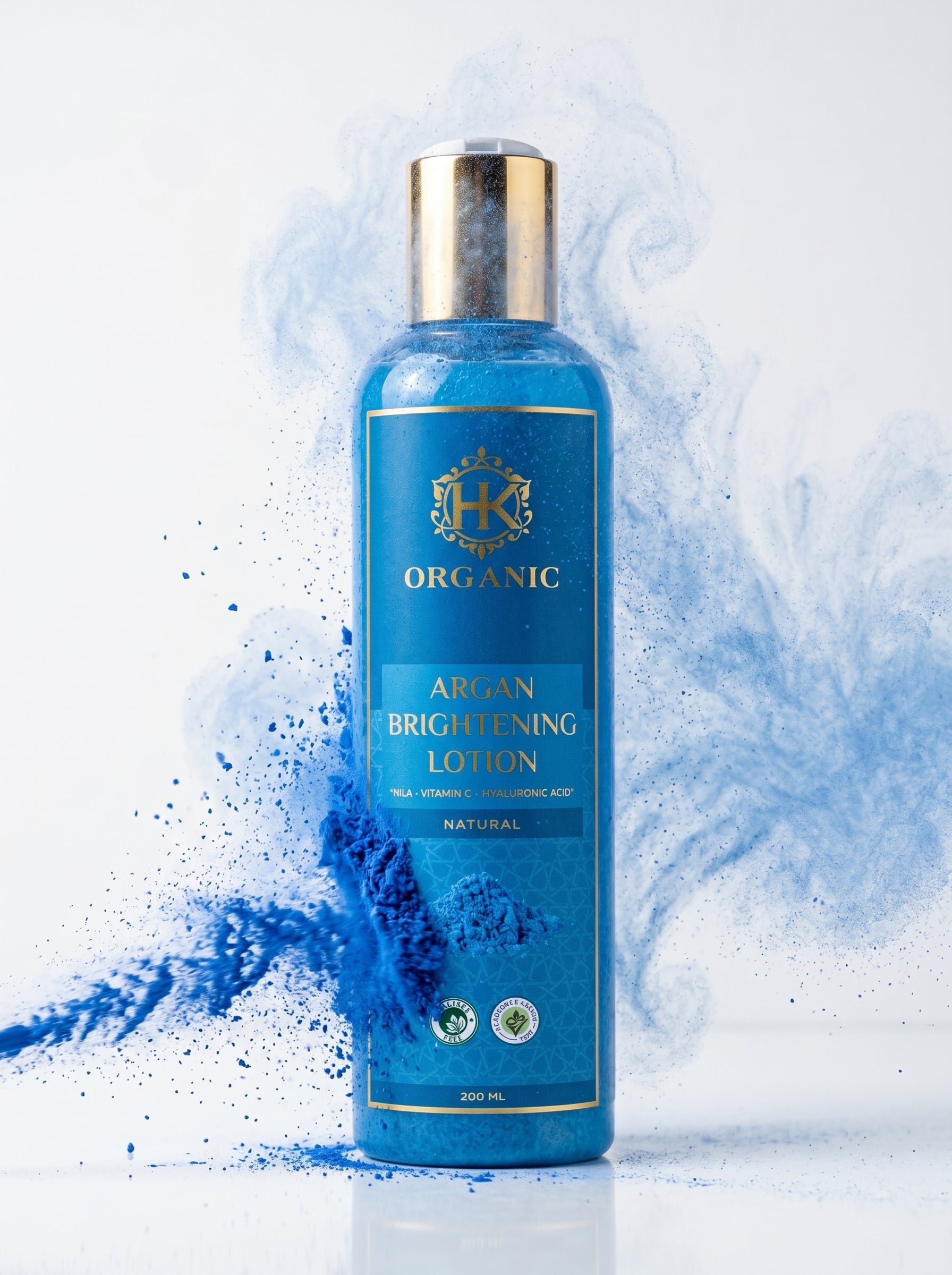 Blue bottle of HK Organic Argan Brightening Lotion on a white background