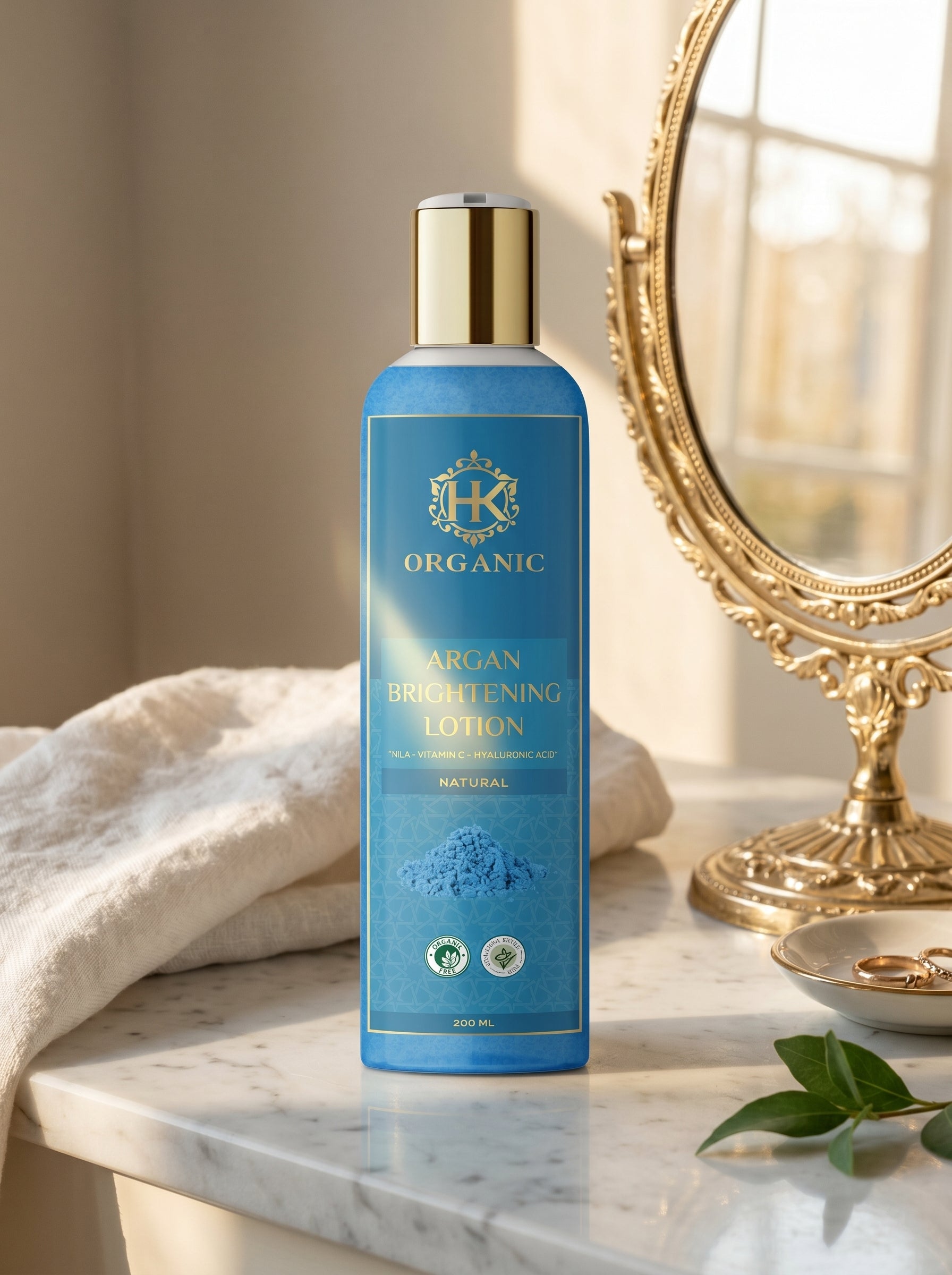 Blue bottle of organic lotion on a marble surface with a decorative mirror in the background.